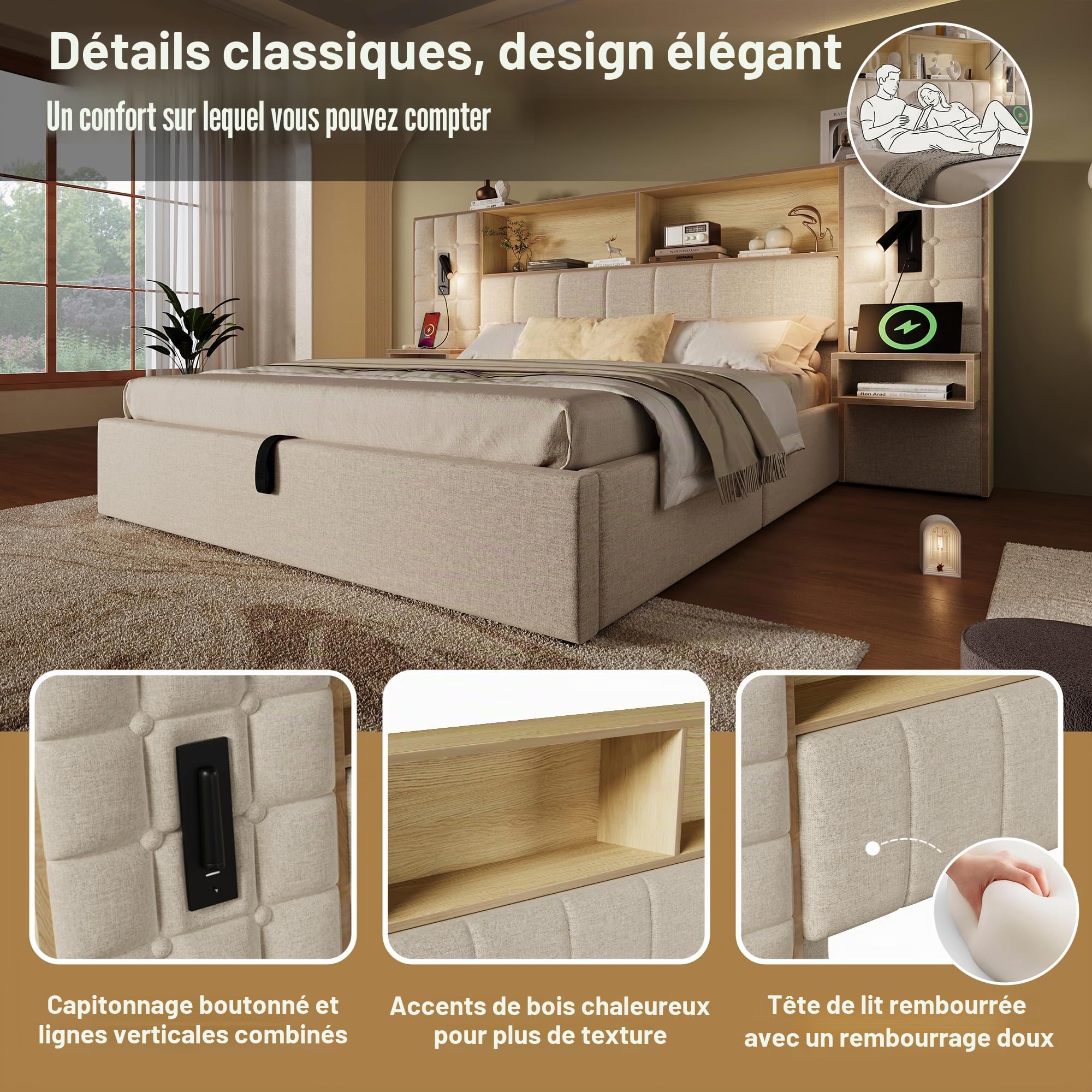 Sapgaks Lit 180x200 cm avec sommier à lattest,lit Coffre 180x200,lit 2 Personnes,Cadre de lit Double,éclairage LED et 2 Lampes de Lecture,2 Tables de Chevet intégrées,USB Type-C,Lin