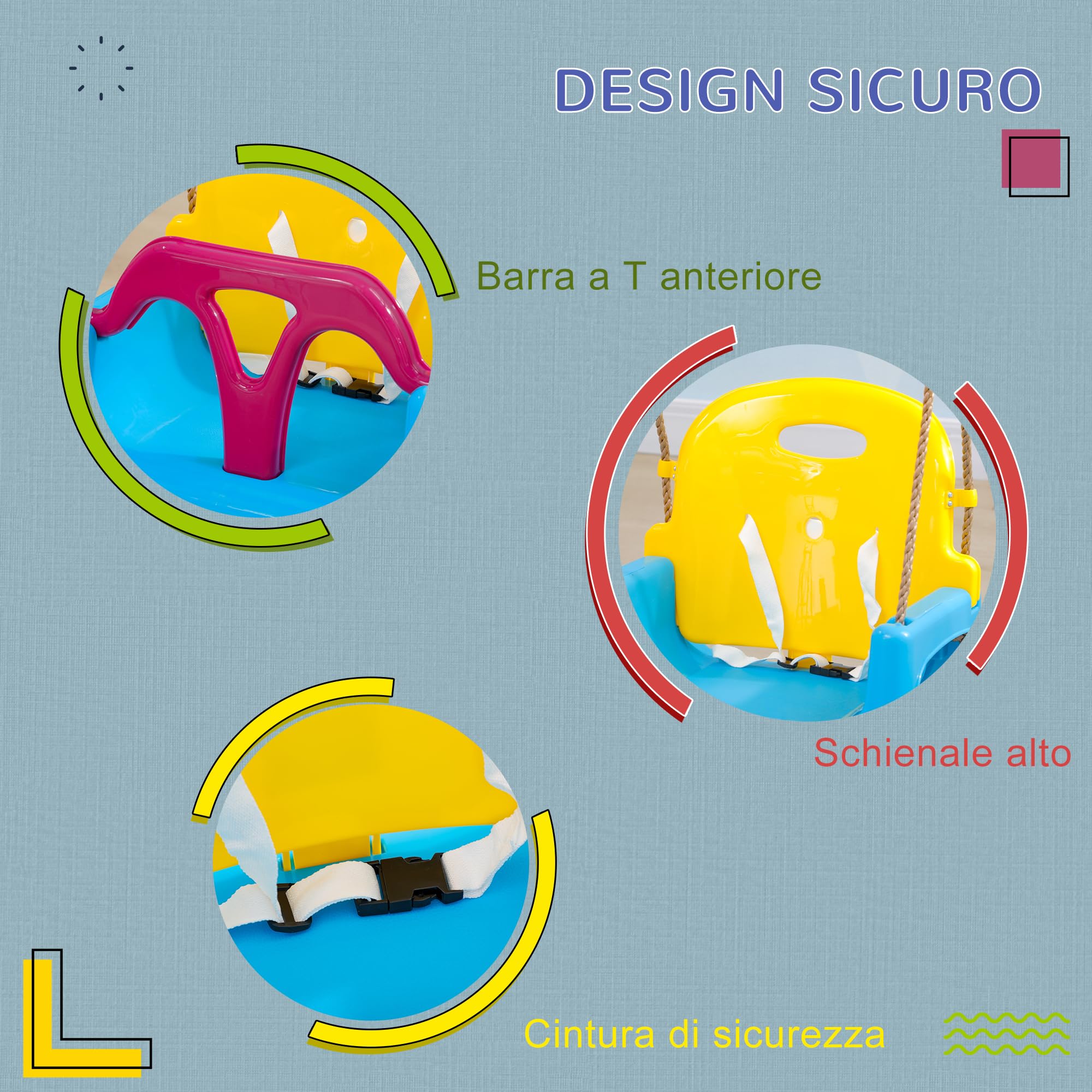 Outsunny Altalena per Neonati 3 in 1 da Interno ed Esterno, Età 9-36 Mesi, Altalena da Esterno con Corda Regolabile e Cintura di Sicurezza, 42x33x120-180 cm, Blu