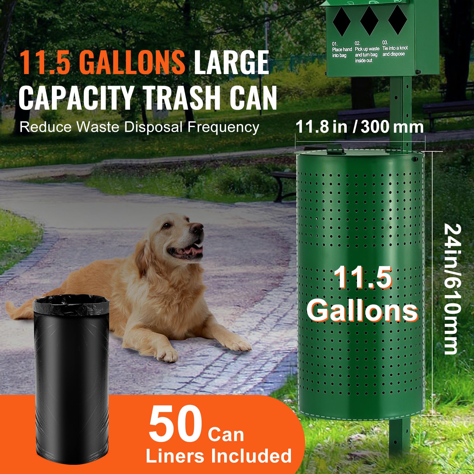 VEVOR Station Collecte Déjections Canines Commerciale, Capacité de Poubelle 43 L, avec 50 Sacs de Doublure, Distributeur de Sacs, 600 Sacs à Déchets, Élimination Crottes Canine Extérieur pour Parc