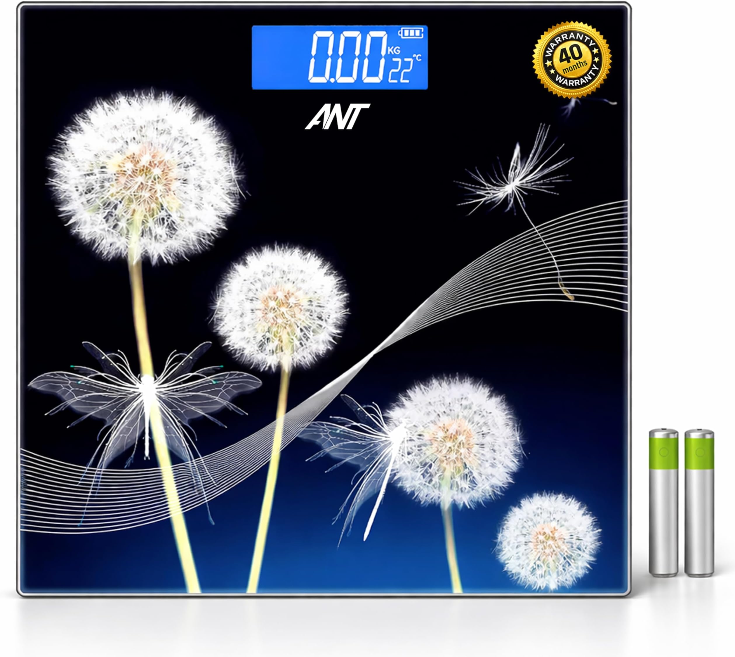 ANT Flora Dandelion Personal Digital Bathroom weighing scale for Human body Weight measurement with Wide LCD Display Thick Tempered Glass for Home & Gym | 40 Months Warranty | Battery Included - Black