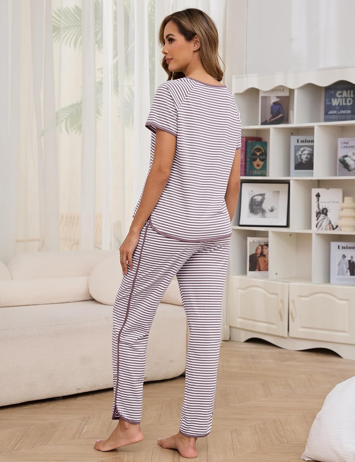 Womens Pajama Sets Cotton 2 Piece Lounge Set Stripe Short Sleeve Pj Set Comfy Loungewear Sleepwear with Pockets image 3