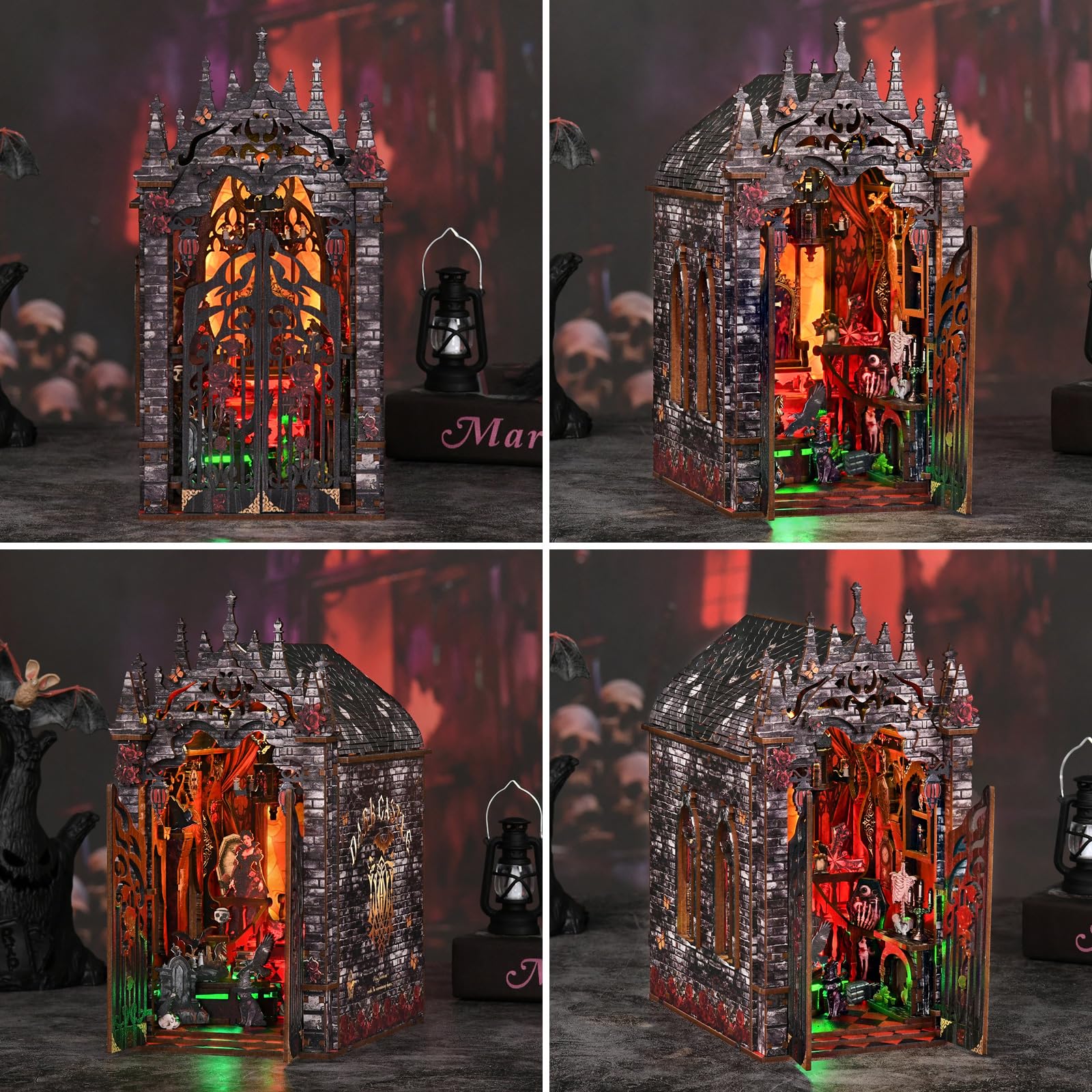 DIY Book Nook kit-Dunkler Aastle-Buchstütze Aus Holz und 3D-Puzzle mit LED-Licht, bastelset Erwachsene，Book Nook kit