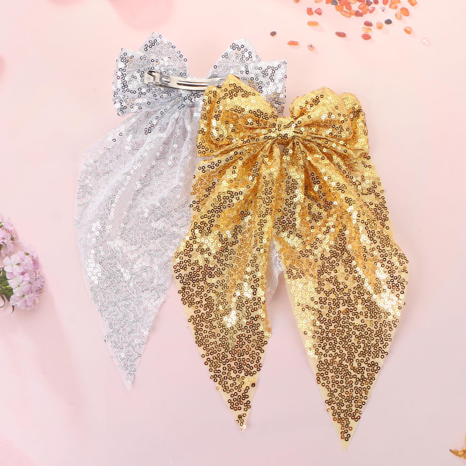 2pcs Sequin Bow Hair Bow Tie Big Glitter Bow Hair Clips,UHOMENY Bow knot Hair Styling Clips Hair Barrettes Wedding Hair Clips Double Bow Sparkly Large Ribbon Headdress Hair Accessories (Silver - Image 4