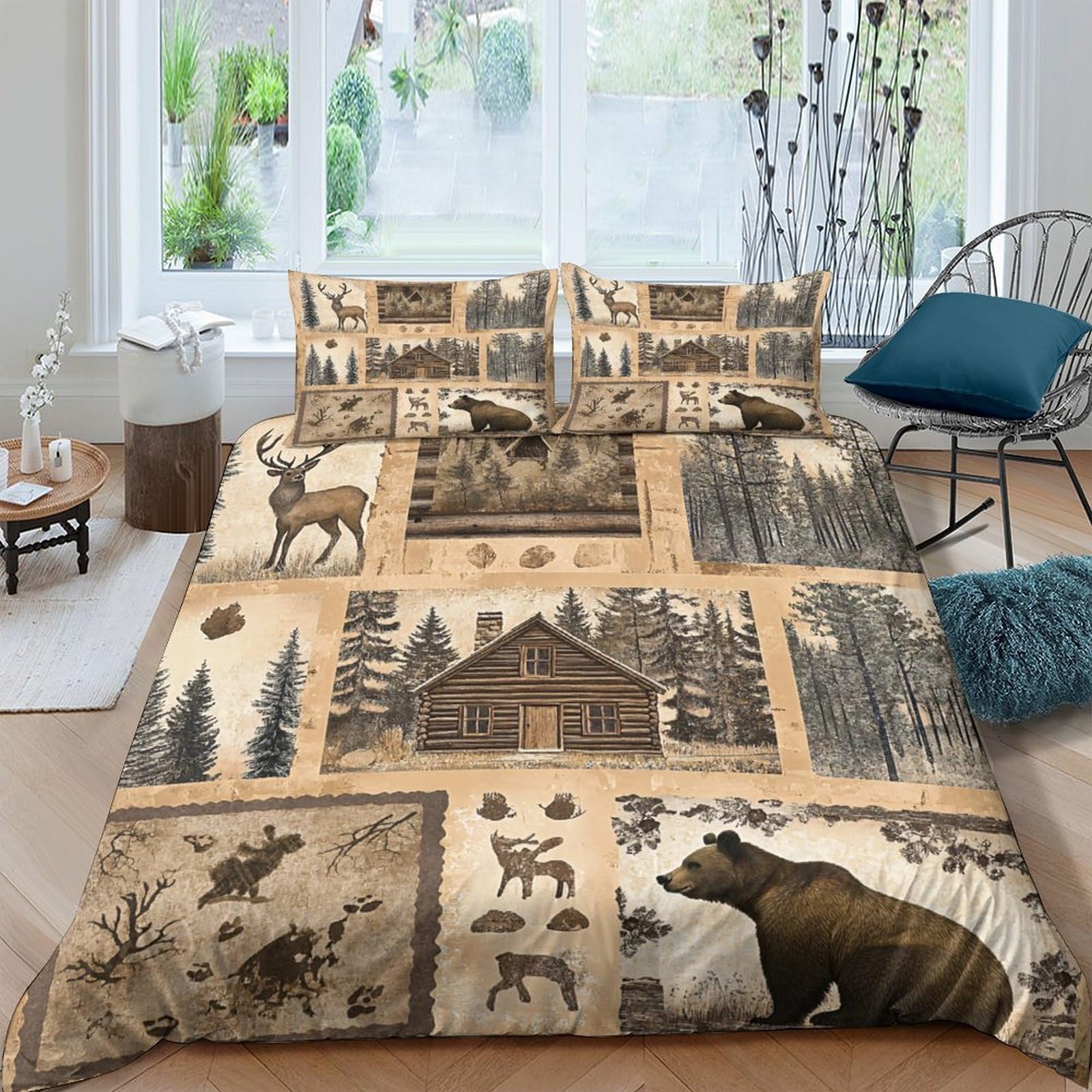 Ctjqhvkz Style-5 3D Printed Cabin Forest Fitted Sheet Microfiber Soft Breathable Bear Deer Mattress Cover For Bedroom Lodge Decor Single（135X200cm）