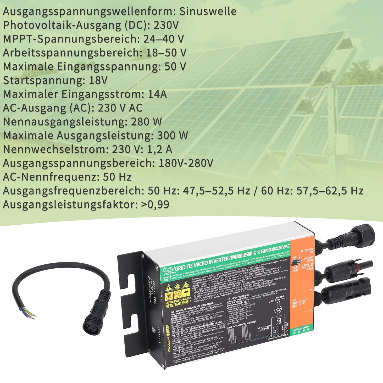 BuyWeek 300W Grid Tie Micro Inverter MPPT Onda Sinusoidale Micro Inverter Solare IP55 Inverter Impermeabile per Piccoli Sistemi Solari Outdoor 230V