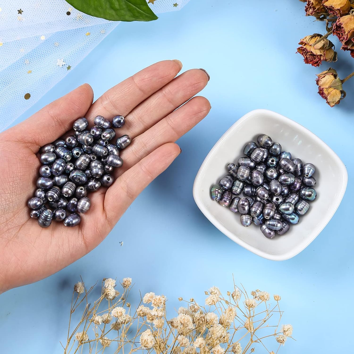 Freshwater Cultured Pearl Beads 100pcs 7-10mm for Jewelry Making Natural Oval Pearl Bead Loose Gemstone 1.8mm Holes for DIY Crafts Necklaces Bracelets Earrings (Black) - Image 5