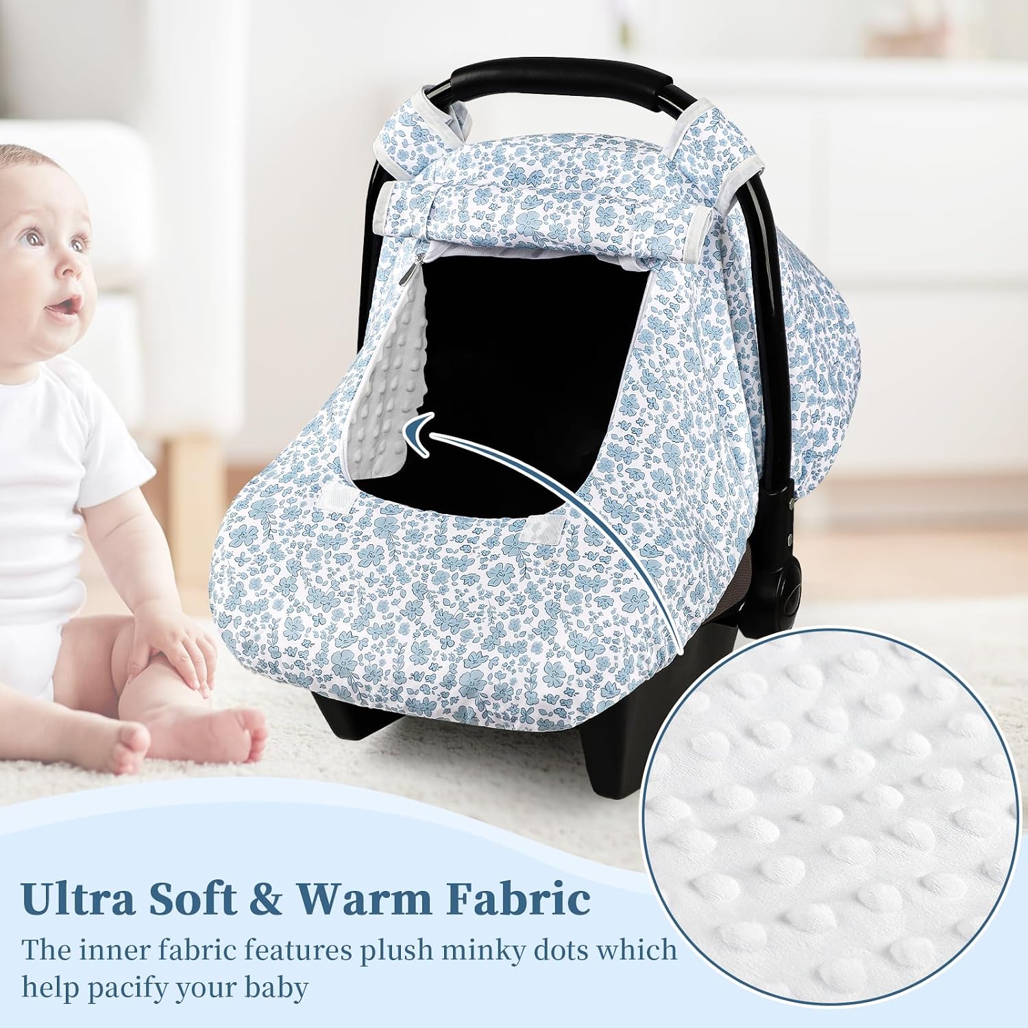 Baby Car Seat Cover Winter, Windproof Carseat Covers for Newborn with 2 Layers Window, Blue Flowers Infant Car Seat Canopy for Girls with Minky Dot Backing, Keeps Babies Warm and Cozy