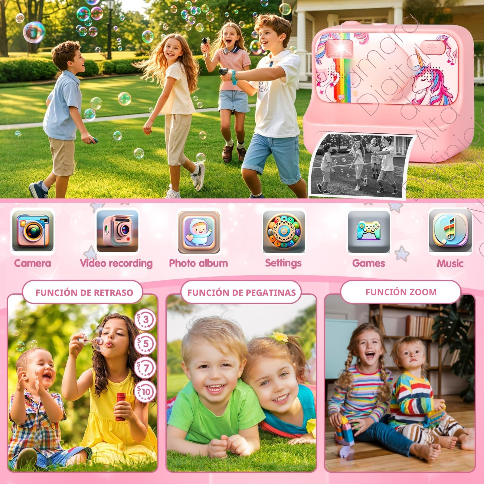 Camara Fotos Infantil Instantanea, 1080P 2,4" HD Camara Fotos Infantil con 32GB Tarjeta, Papel de Impresión y Bolígrafos de Colores, Juguete de Cumpleaños, Regalo para Niños de 3 a 12 Años