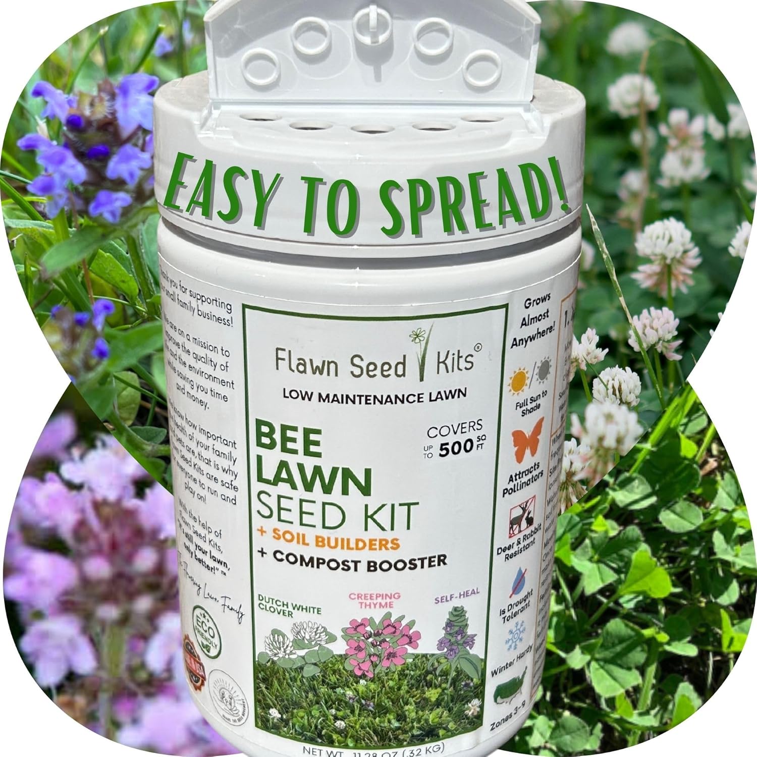 Flawn Seed Kits Bee Lawn Seed Kit, 500 SqFt, Dutch White Clover + Self-Heal + Creeping Thyme, Easy Spread Shaker, Low Maintenance, Alternative Ground Cover