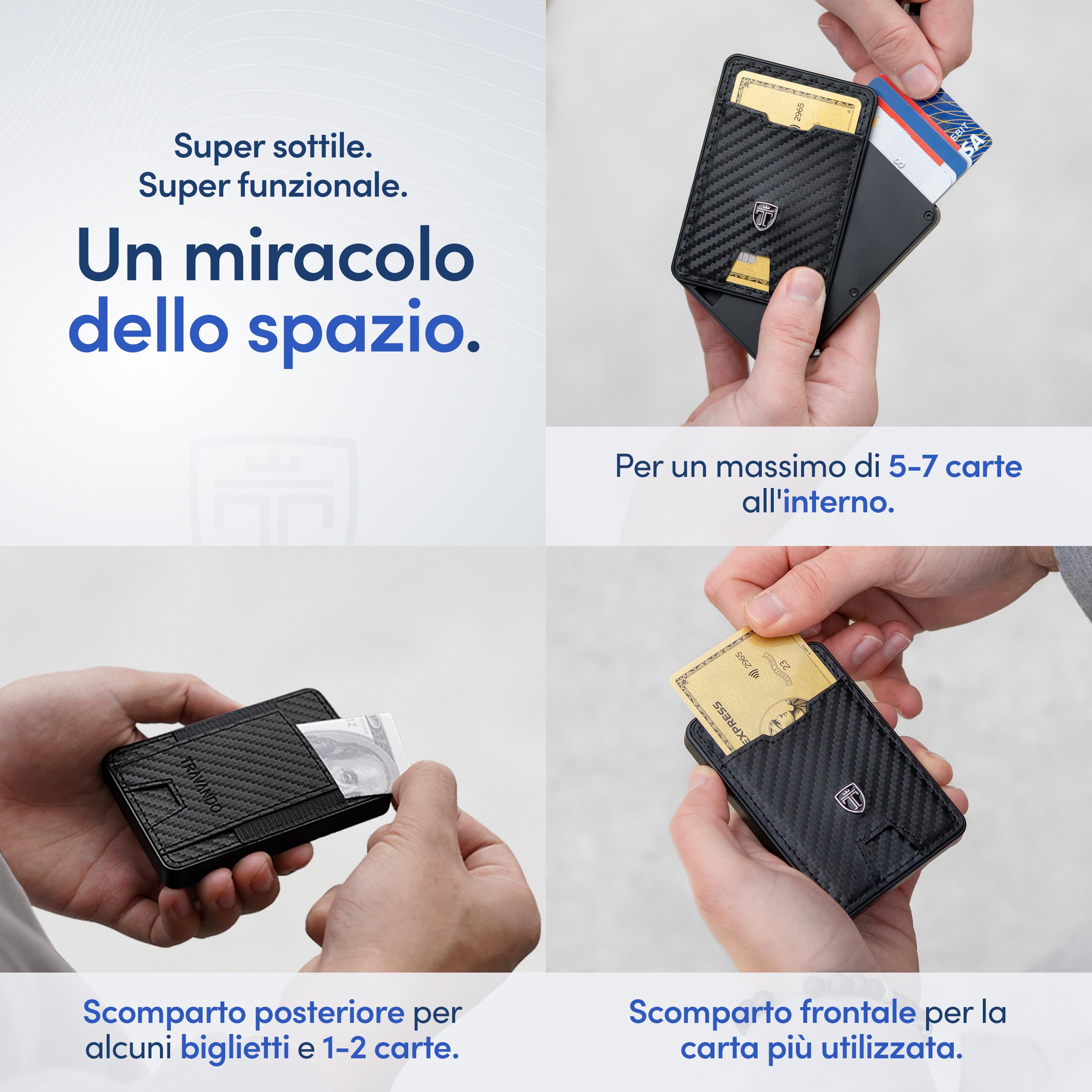 TRAVANDO SWYPE Alluminio Portafoglio Uomo Slim - Carbonio Portacarte Uomo Protezione RFID - Porta Tessere piccolo con Tasca per Contanti - Portafogli Slim Di Credito - Mini Smart Wallet