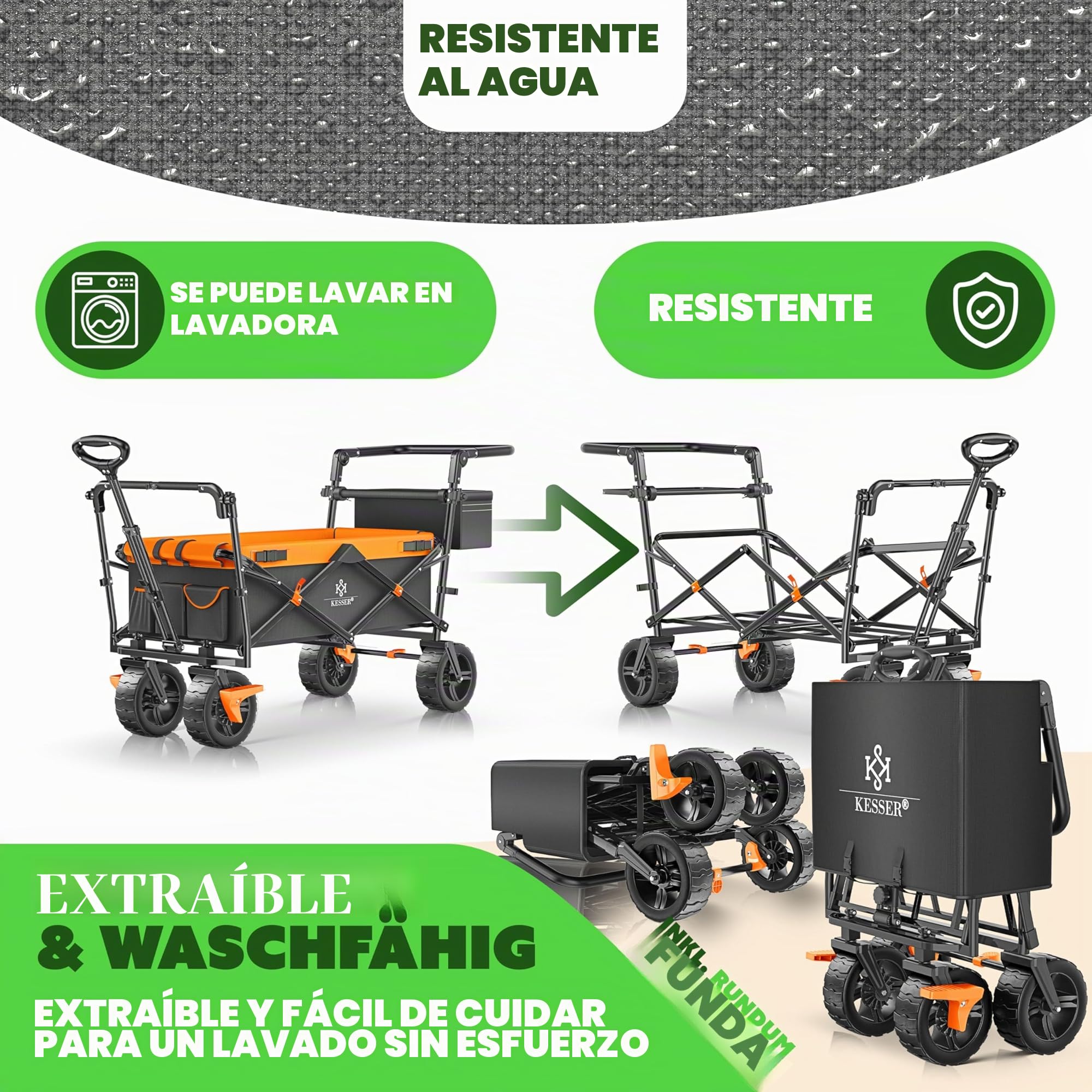 KESSER Carro Plegable GTS-9100 Con Techo – Transporte Hasta 150 Kg, Ruedas De Goma Y Frenos, Ideal Para Niños, Compras Y Aventuras