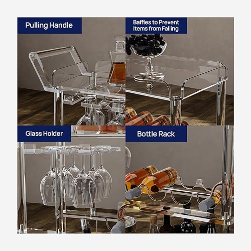 Miniatura 4 de HMYHUM Carrito de barra de acrílico con 4 ruedas con bloqueo, carrito de servicio transparente con estante para vino y soporte para vidrio, carrito
