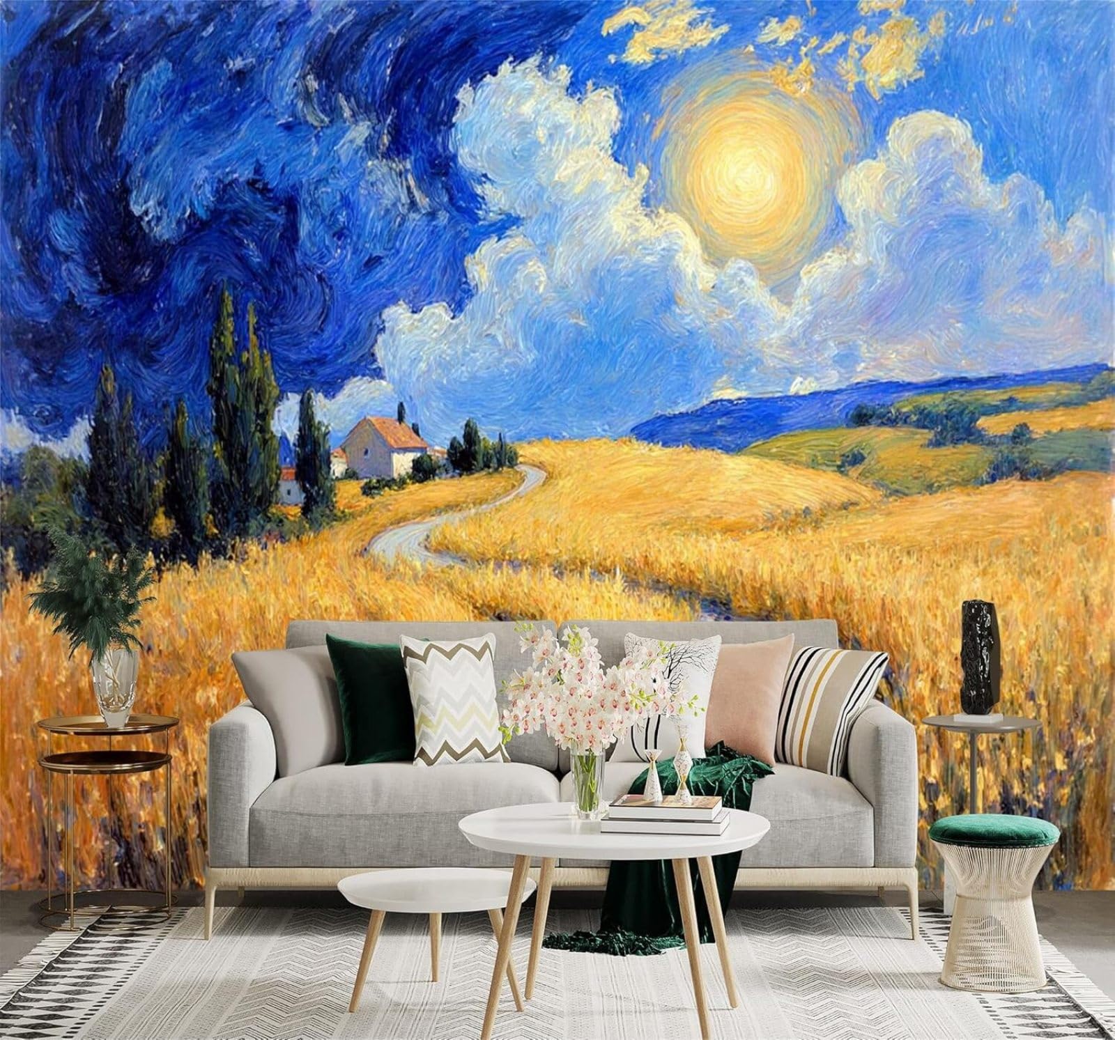 XLMING Bright Rural Scenery Wheat Fields Blue Sky Sunny Clouds 3D Wallpaper Silky Texture Home Study Office Grey Dining Room Sofa Bedroom Living Room TV Backdrop-250cm×170cm
