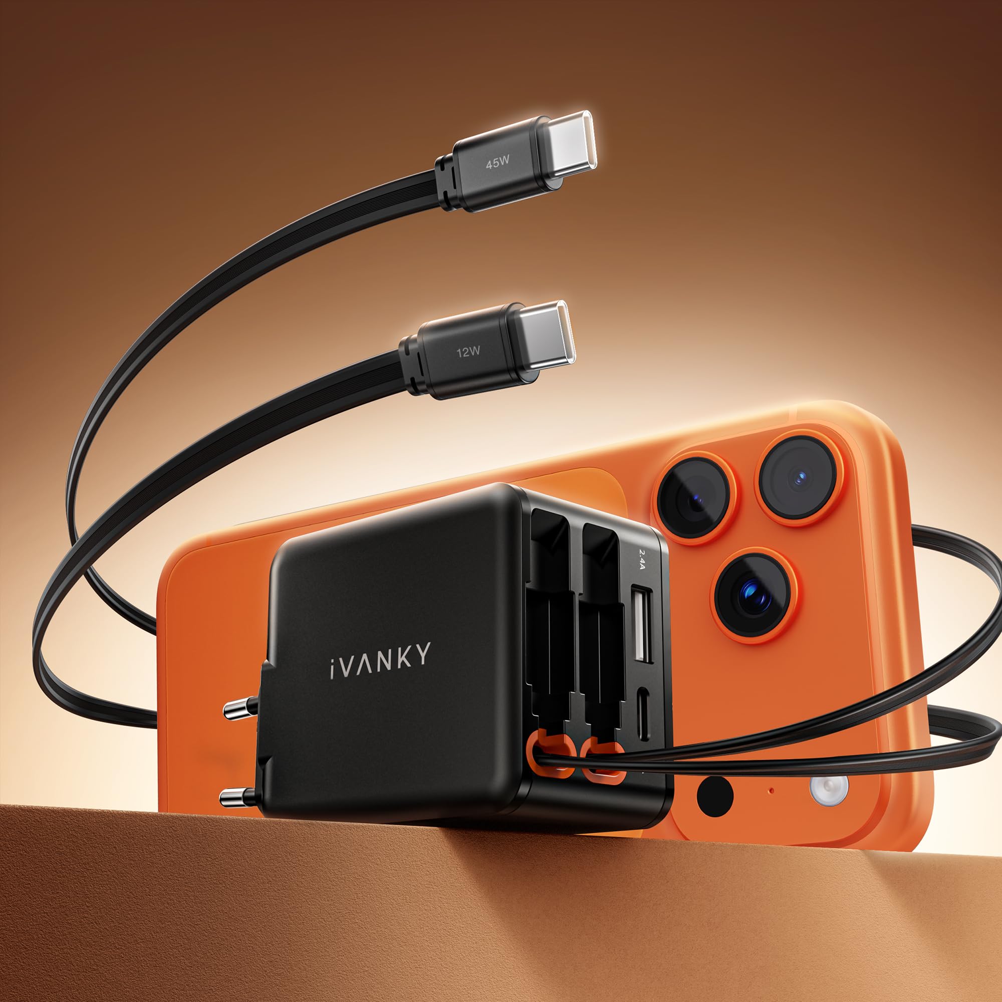 iVANKY 4-en-1 45W GaN Chargeur USB C Rapide iPhone 17 Pro Max Air, 4 Ports Câble Rétractable avec Deux câbles USB-C, Compatible avec iPhone 16/15/14/13 Galaxy S25/S24/S23/S22/A56/A16/A06