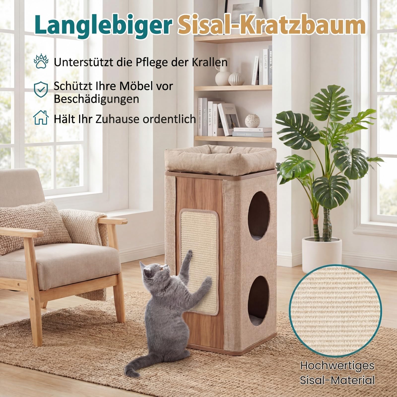GOPLUS 3-poziomowy domek dla kotów z drewna, domek dla kota z deską do drapania i zdejmowaną matą, wytrzymały drapak dla kota z 2 jaskiniami i 3 miękkimi poduszkami, dla kotów do 20 kg (beżowy)