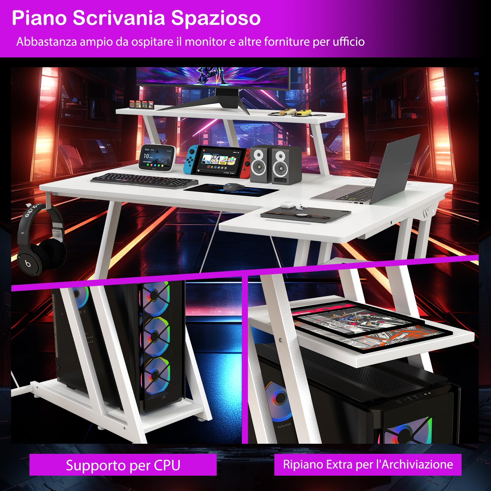 COSTWAY Scrivania Angolare Salvaspazio, Scrivania da Gaming con Prese, Porte USB, Ripiano per Monitor, Gancio per Cuffie, Ripiano e Supporto per CPU, Scrivania ad Angolo per Casa e Ufficio (Bianco)