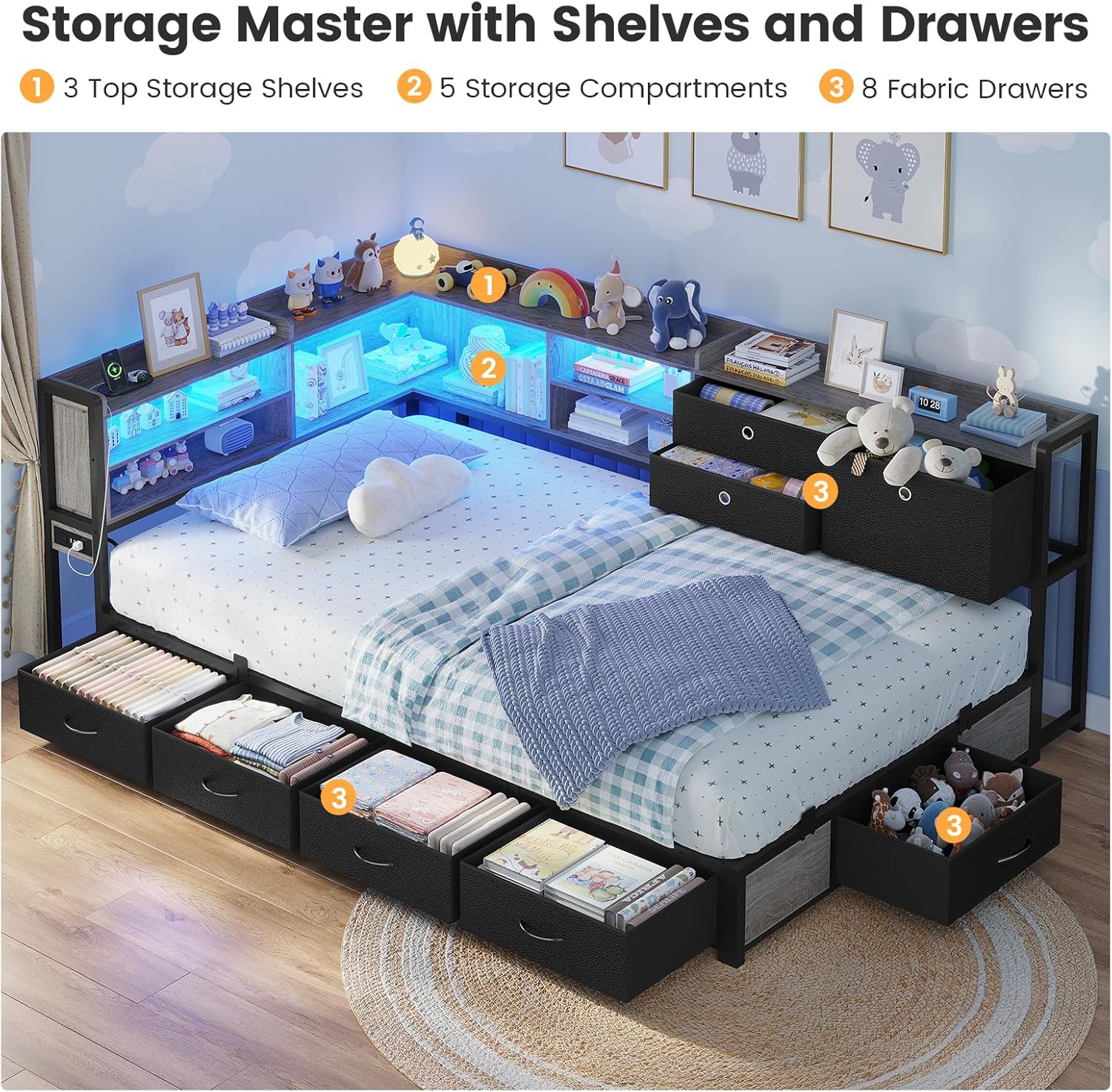 BTHFST Corner Bed Frame with Charging Station & Led Lights, Twin Bed Frame with 8 Storage Drawers & Bookcase, Twin Daybed with Storage Headboard for Kids Guests, Black & Gray