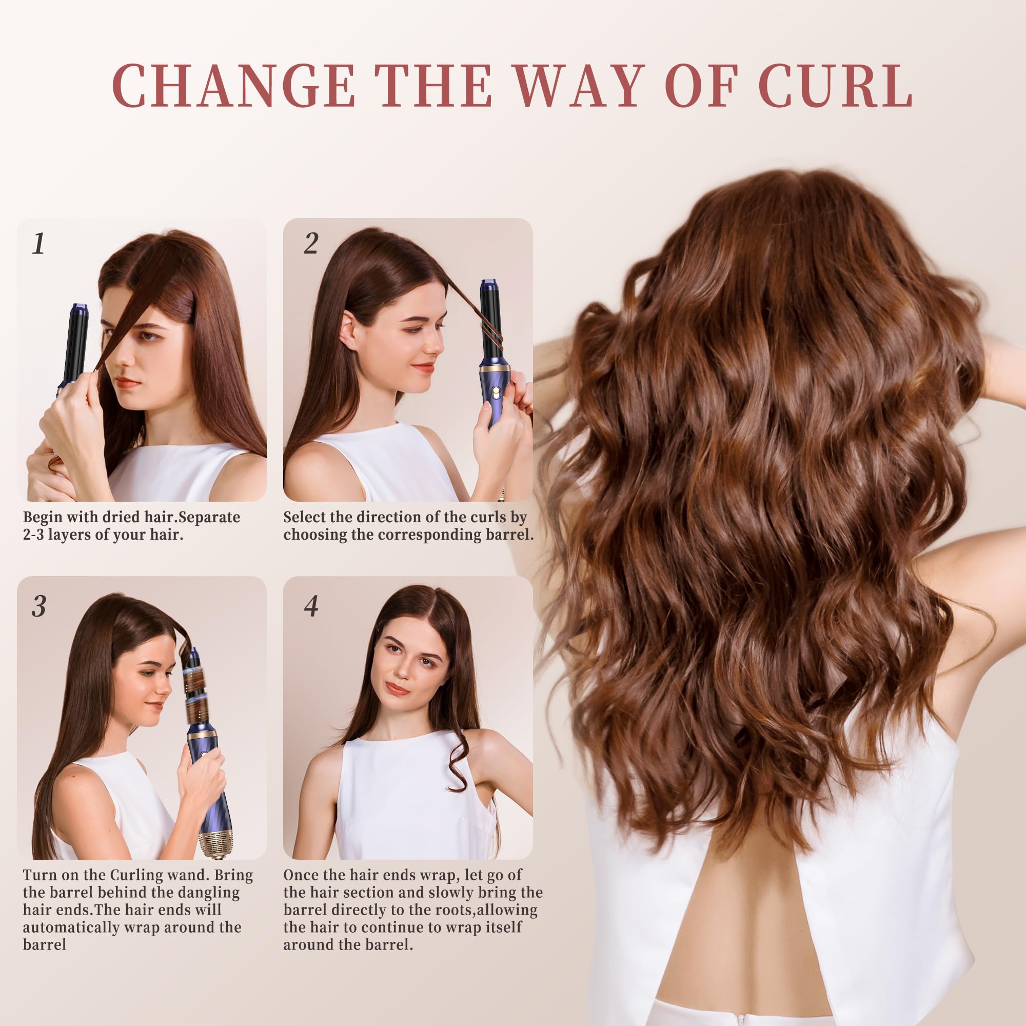 Air Styler Set 6 en 1, OKWRAP Secador 6 en 1,Cepillo de Aire Set 6 Cabezales Intercambiables 3 Temperaturas Cepillo Moldeador De Pelo Cepillo Secador Pelo With Riza, Da Volumen, Alisa y Seca