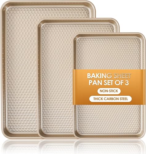 Juego de 3 bandejas para hornear, antiadherentes de acero al carbono con textura, bandejas comerciales de medio cuartogelatina, bandeja de repuesto