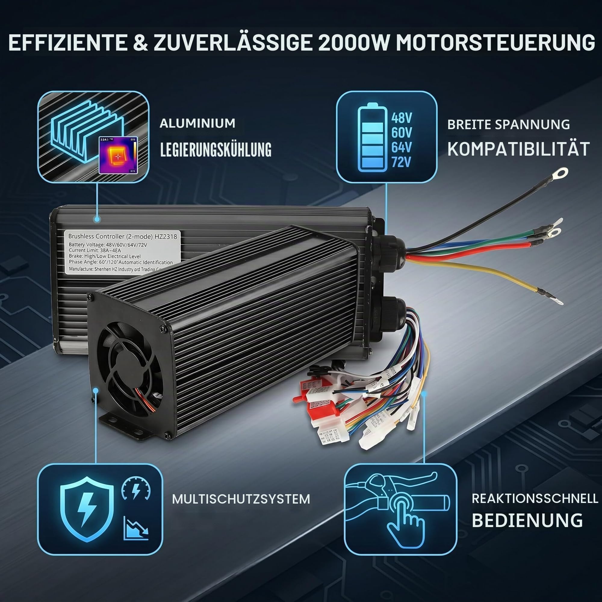 SUNGOOYUE Contrôleur sans Balais de Vélo électrique, 2000W 48V 60V 64V 72V Contrôleur de Moteur sans Balais à 18 Tubes pour Vélo électrique