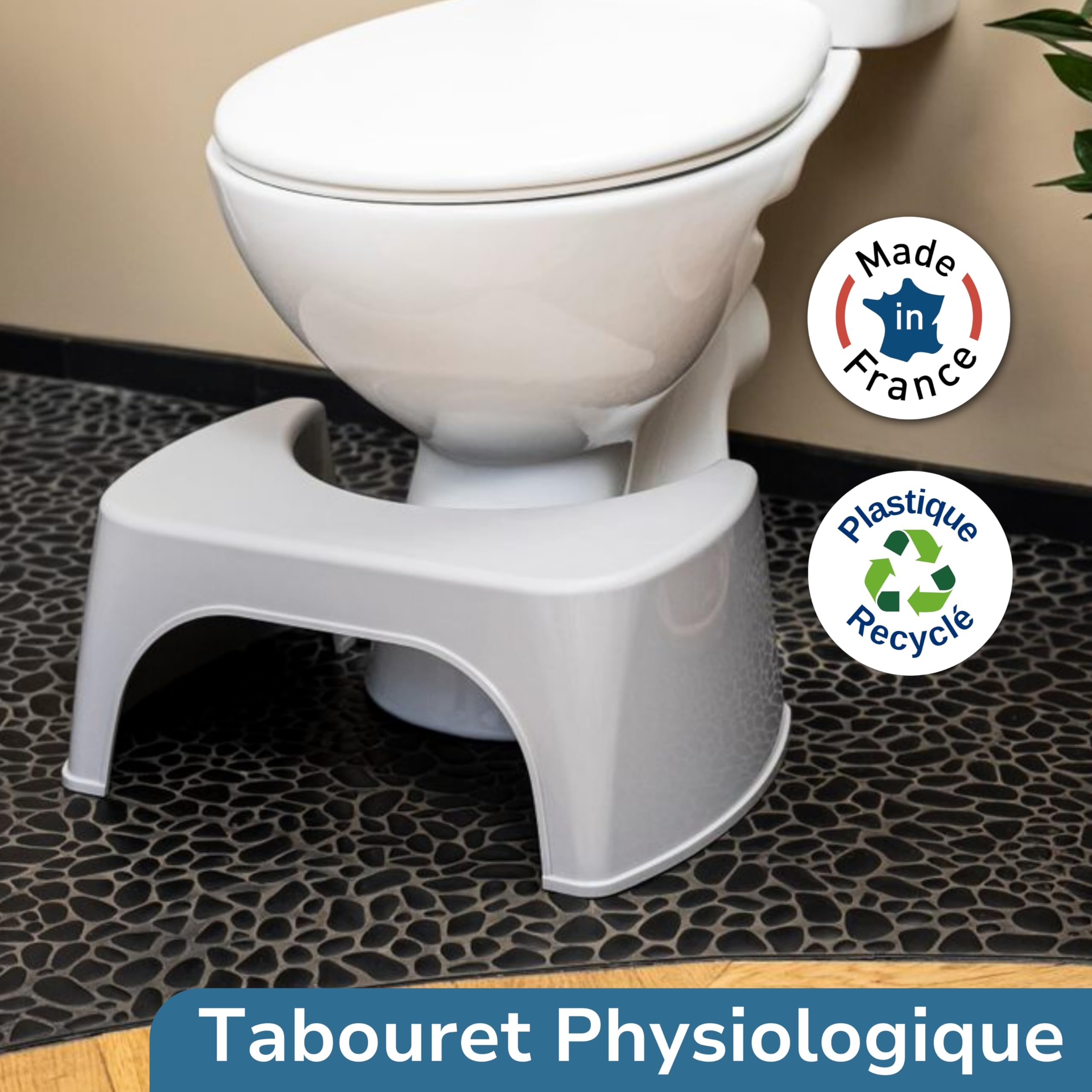 Tabouret de Toilette Physiologique Gris - Fabriqué en France en Plastique Recyclé - Marche Pied WC pour Adulte - Petit Banc Repose Pied pour Adopter la Position Squatty Anti Constipation