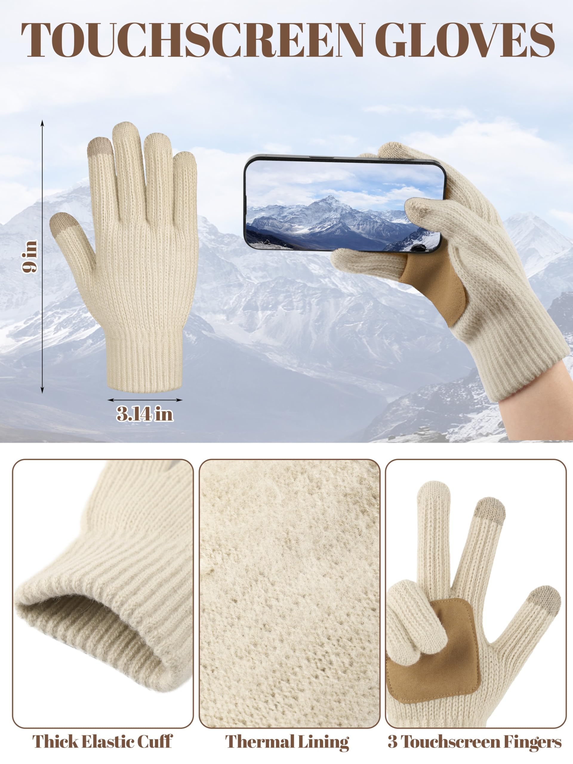 LOROME Women Winter Beanie Hat Scarf Gloves Set, Fleece Knitted Pompom Hat Warm Neck Scarf Touchscreen Gloves Winter Gift