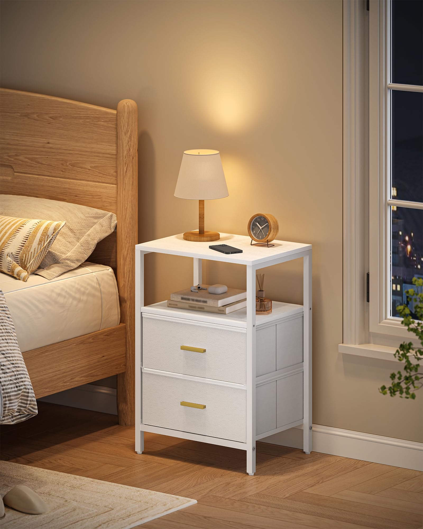 Hzuaneri Nachttisch 2er Set, Beistelltisch mit 2 Stoff-Schubladen und Regalen, Offenes Fach, Couchtisch, Nachtschrank Schlafzimmer, für Wohnzimmer, Schlafzimmer, Weiß NS30713W