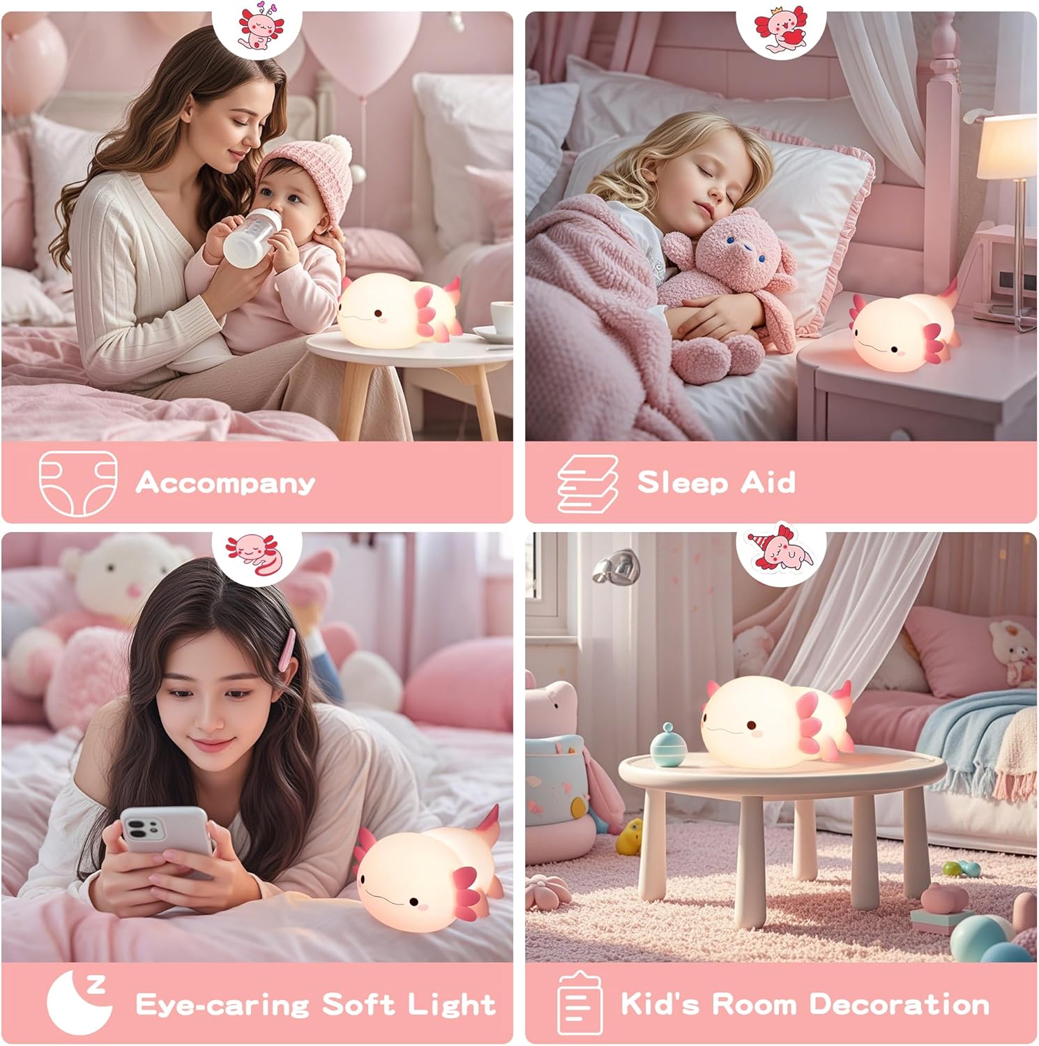 Axolotl Lamp,Cute Axolotl Night Light,Dimmable Silicone Animal Nursery Night Light,Adorable Rechargeable Squishy Novelty Bedside Touch Lamp,Baby Room Decor, Axolotl Gifts for Kids/Girls - Image 6