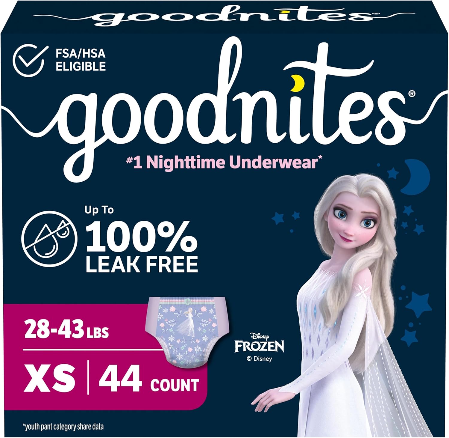 Goodnites Girls’ Nighttime Bedwetting Underwear, Size Extra Small (28-43 lbs), 44 Ct (2 Packs of 22), Packaging May Vary