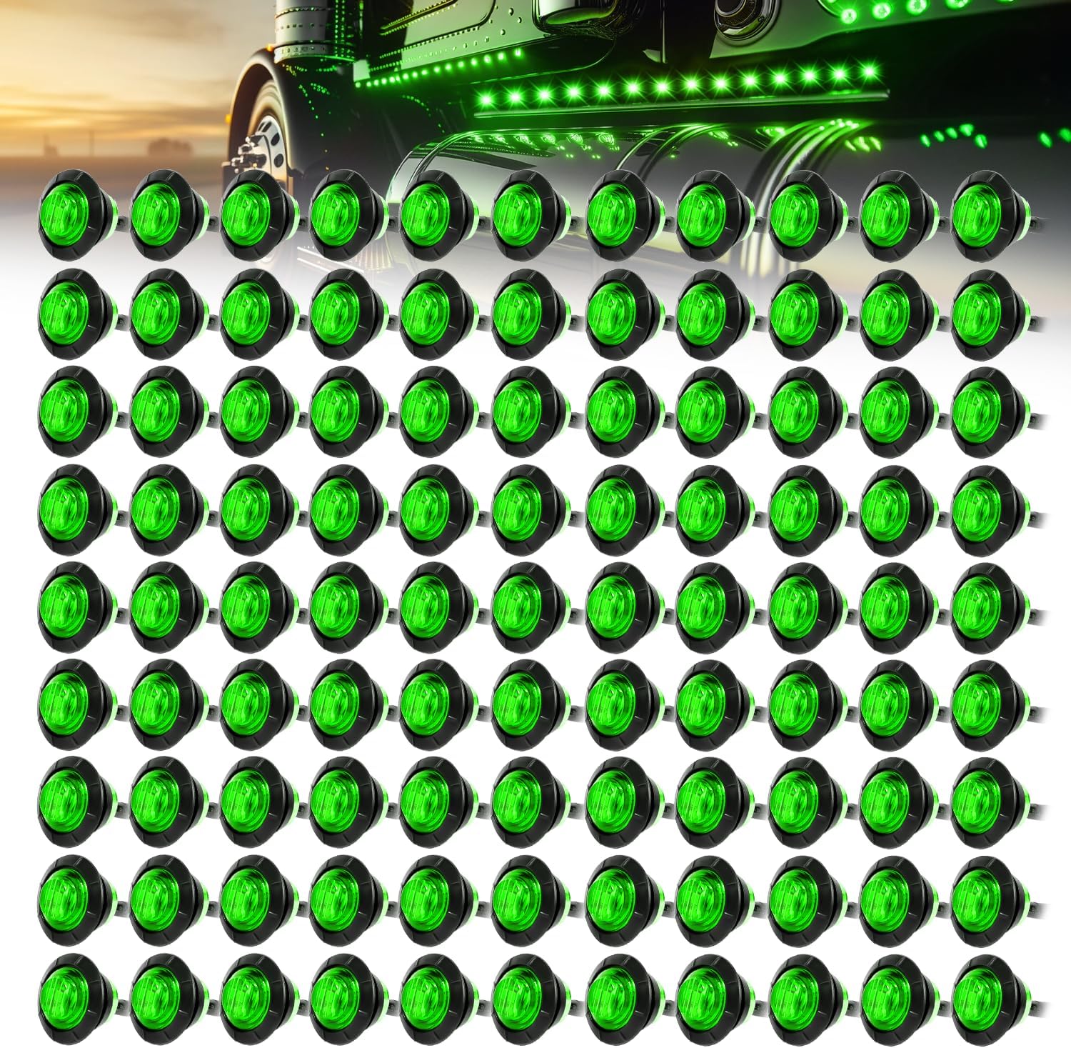 MADCATZ Meerkatt Big Sets 3/4 Inch Mini Round 3 LED Side Marker Indicator Clearance Light whitGrommets Truck Car Trailer Boat 12V DC (Green Light/Lens) 100 Pcs
