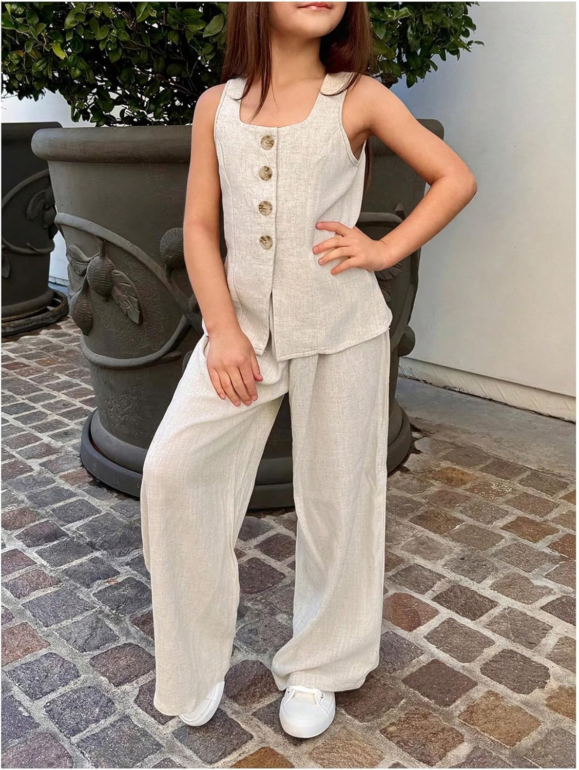 Verdusa Girl's 2 Piece Pant Sets Sleeveless Suit Vest with Long Elastic Pants Summer Vacation Outfits - Image 3