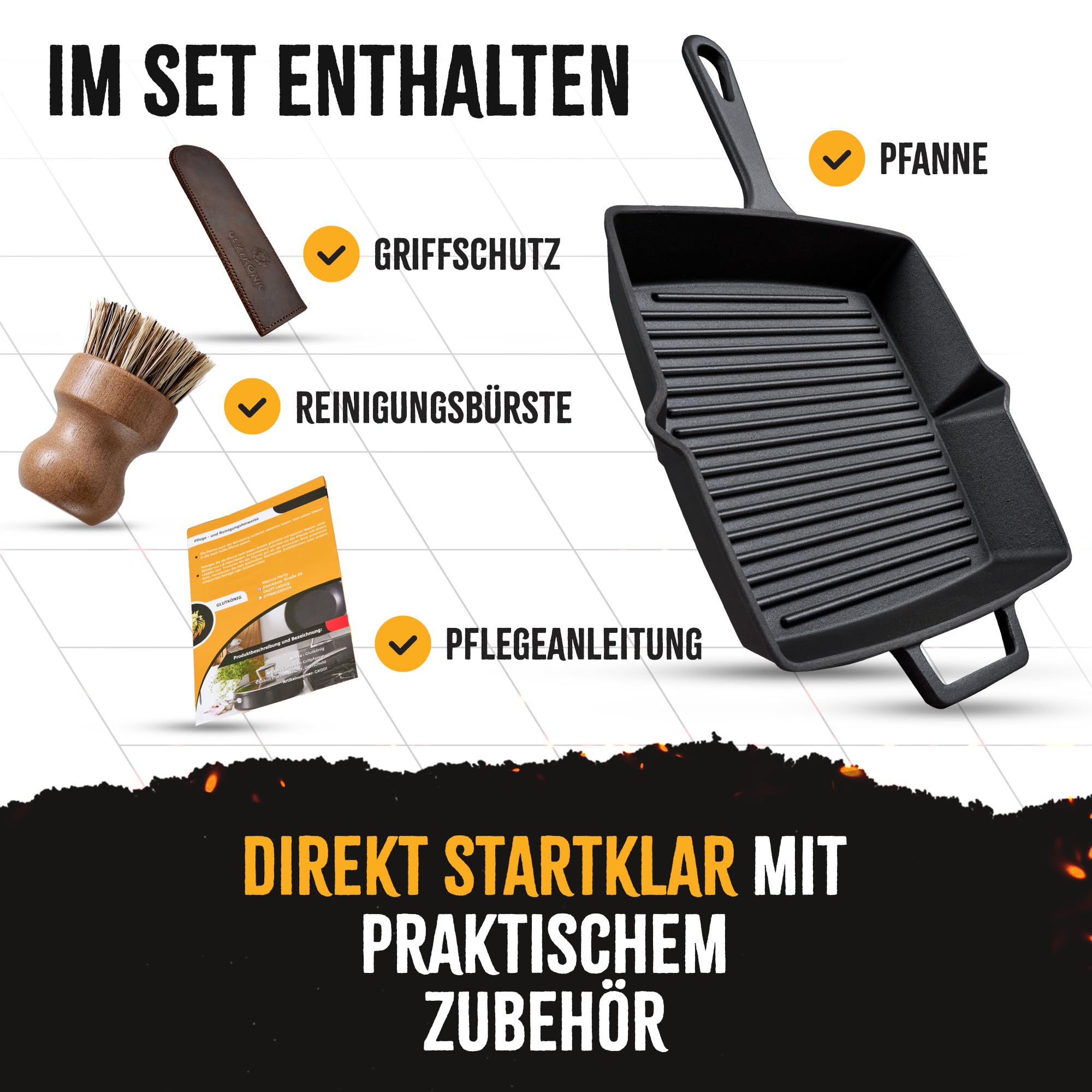 Grillpfanne Gusseisen emailliert [26 cm] Kein Einbrennen nötig | Eckige Steakpfanne mit Rillen zum Grillen - für alle Herdarten, Ofen, Induktion | Grill-Pfanne mit Reinigungsbürste