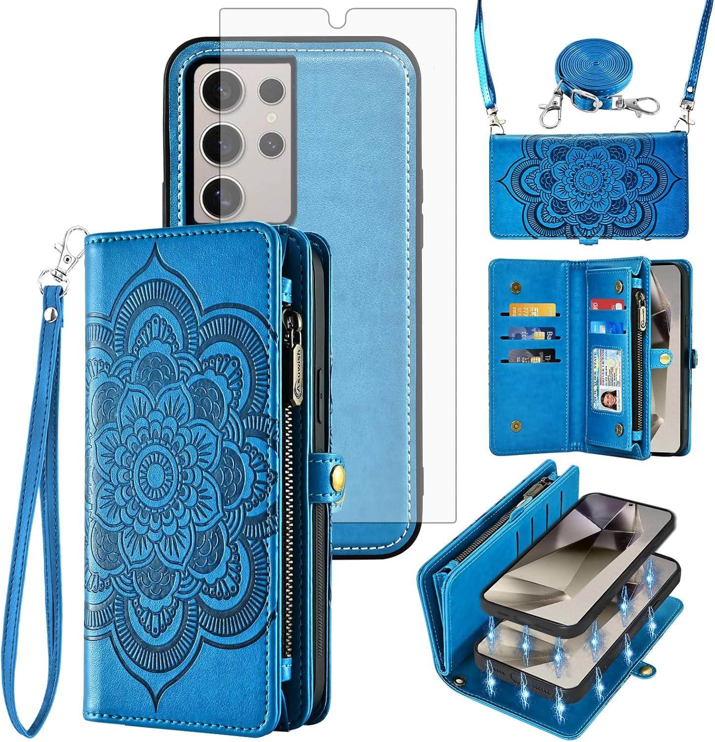 Asuwish Phone Case for Samsung Galaxy S24 Ultra 5G Zipper Wallet Magnetic Detachable Cell Cover with Tempered Glass Screen Protector Strap Flower Card Holder S24Ultra 24S S 24 24Ultra Women Girls Blue