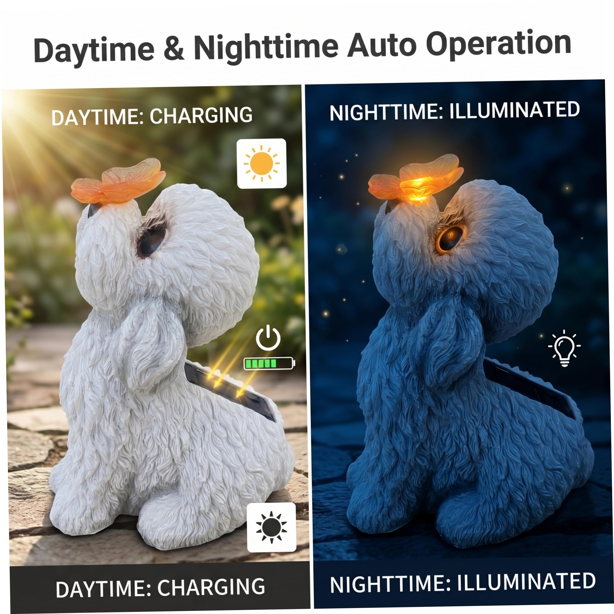 Estatuas de Perros al Aire Libre, Estatua de jardín Solar, estatuilla de Perro de Peluche Blanco con luz LED de Mariposa - Decoración de Patio y Patio al Aire Libre.
