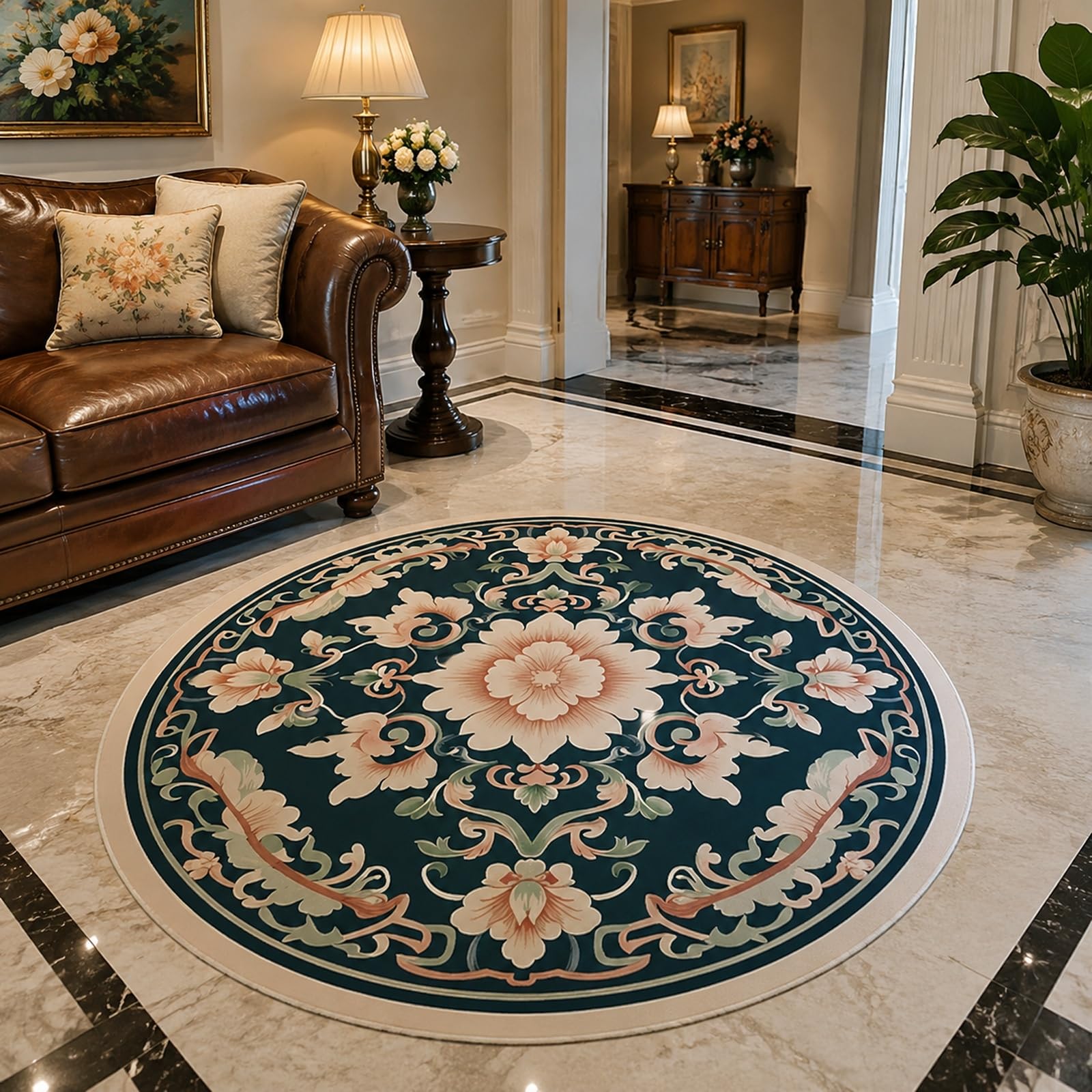 Tapis rond vintage bleu marine aux motifs floraux colorés et élégants