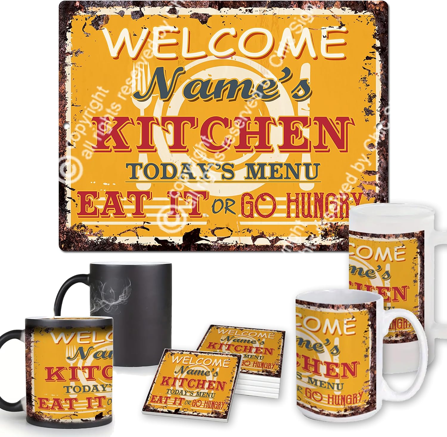 Welcome MONICA’S KITCHEN Custom Personalized Chic Sign Rustic Vintage Style Coaster Mugs Retro Kitchen Bar Pub Coffee Shop Decor Home Store Man cave Decor Father's day Gift Ideas