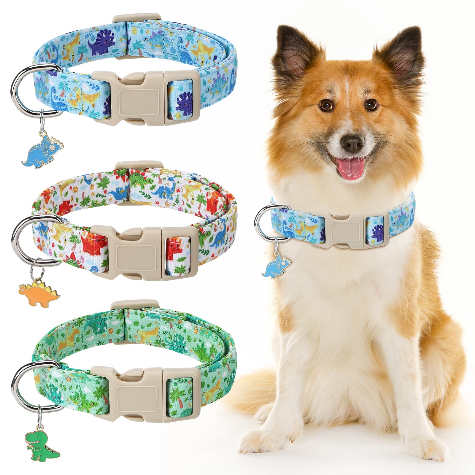 GSrenyu Cute Dog Collar for Small Medium Dog Dino Printed Adjustable Puppy Collar with Quick Release Plastic Buckle for Boys Girls Accessories Soft Beautiful M
