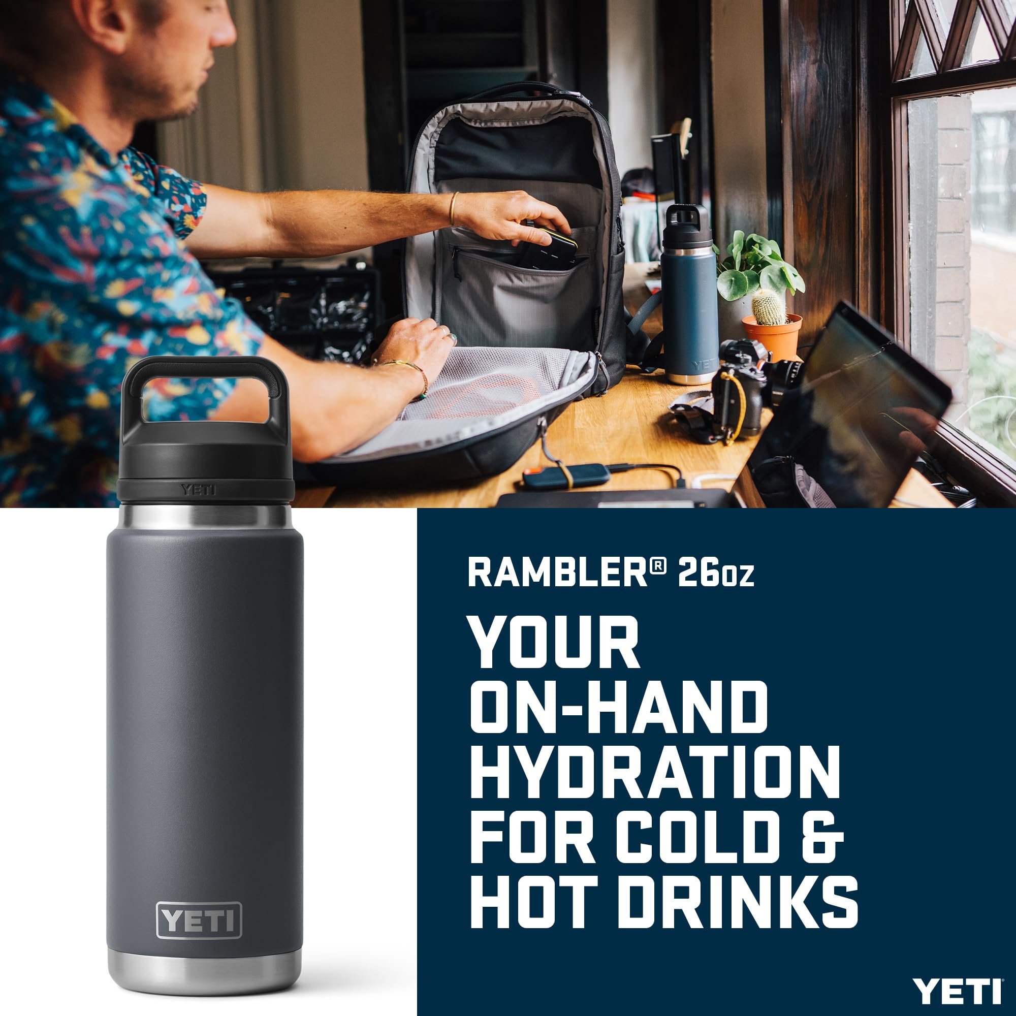 YETI Rambler Bottle Chug, botella de acero inoxidable aislada al vacío con tapa a prueba de fugas, carbón, 769 ml