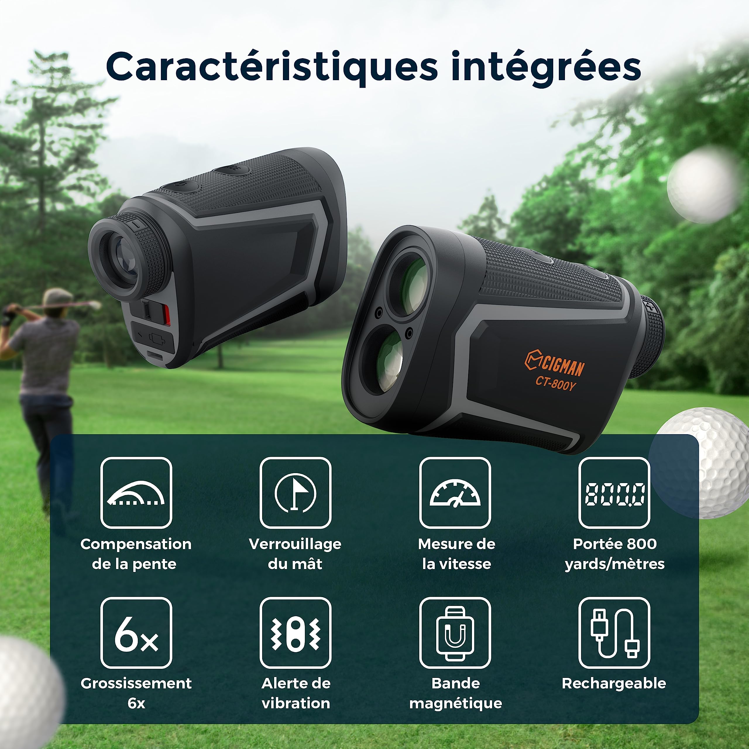 Télémètre de Golf CIGMAN Télémètre Laser 800-1000 Yards avec Pente Rechargeable par USB, grossissement élevé, Vibration de Verrouillage du mât de Drapeau, Mesure de Niveau, Mesure de Vitesse
