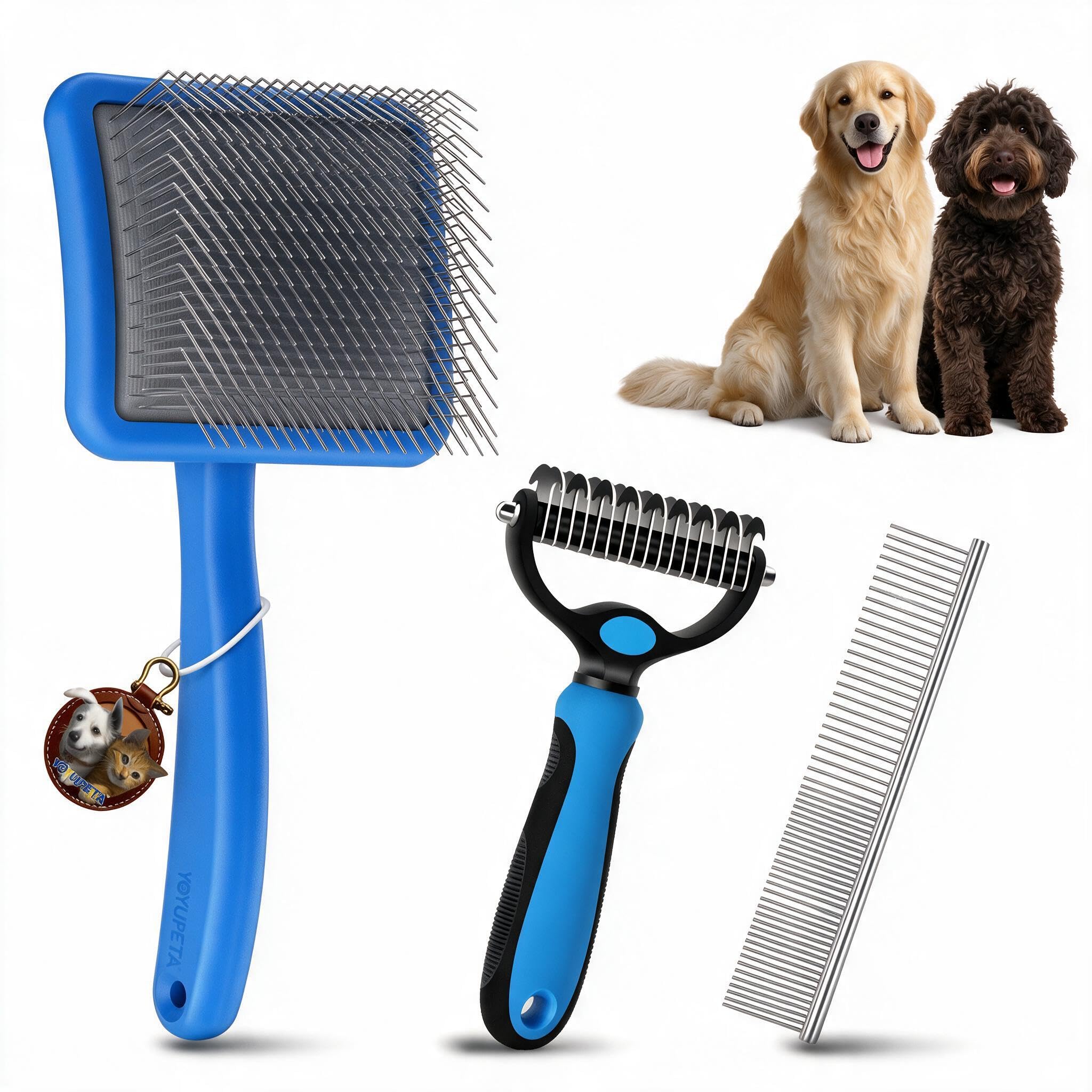 Grande brosse lissante pour chiens – Kit de toilettage 3 pièces – Râteau à sous-poil et peigne en acier inoxydable | Longues broches pour enlever les tapis sur les caniches, dorés