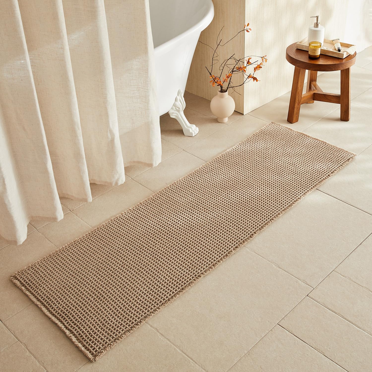 TYUU Waffle Runner Rug Bathroom, Long Boho Bath Mat, 72x24 Beige