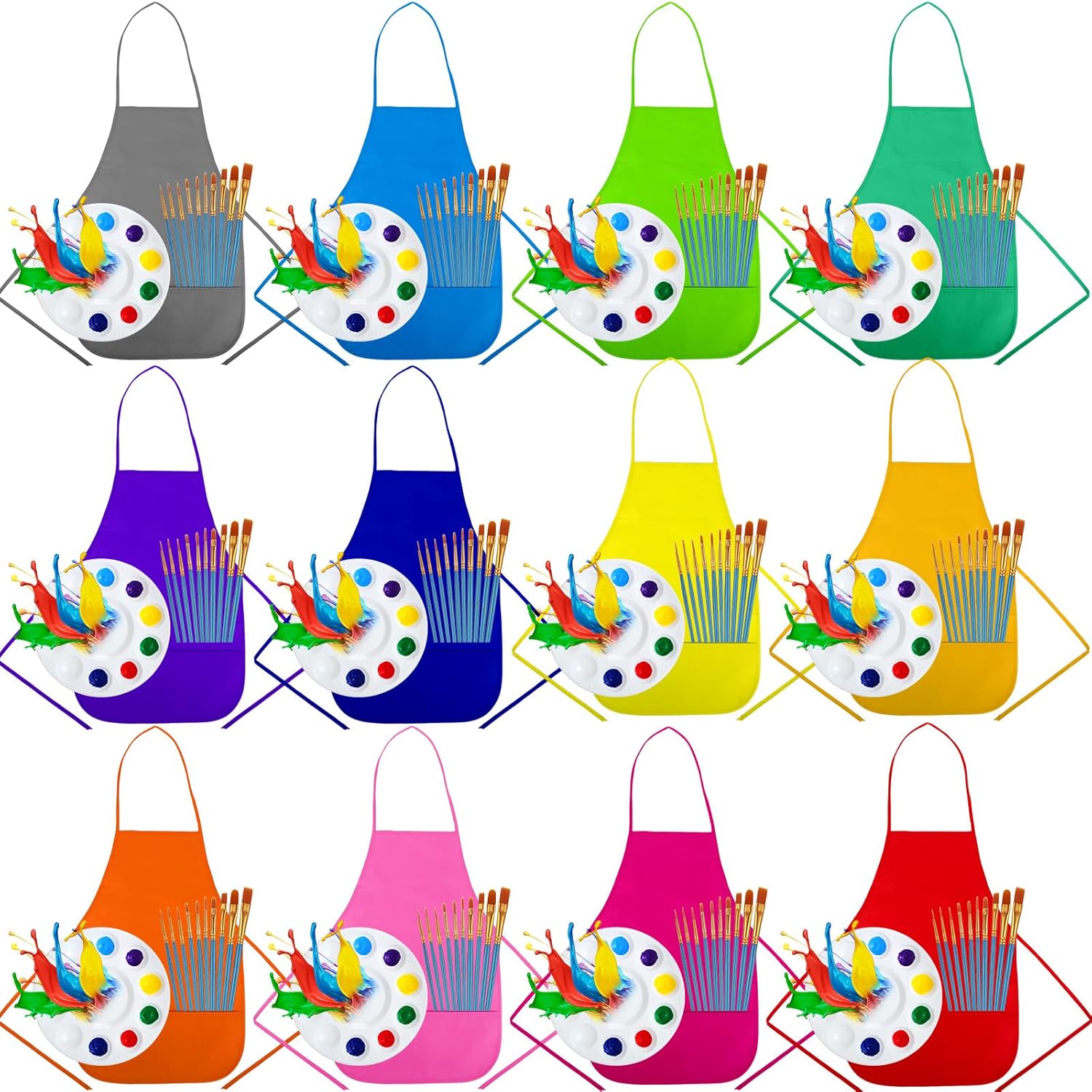 ReliThick 12 Sets Paint Party Kits Watercolor Paint Brushes Tray Palettes and Colorful Aprons Painting Party Favors Art Birthday Supplies