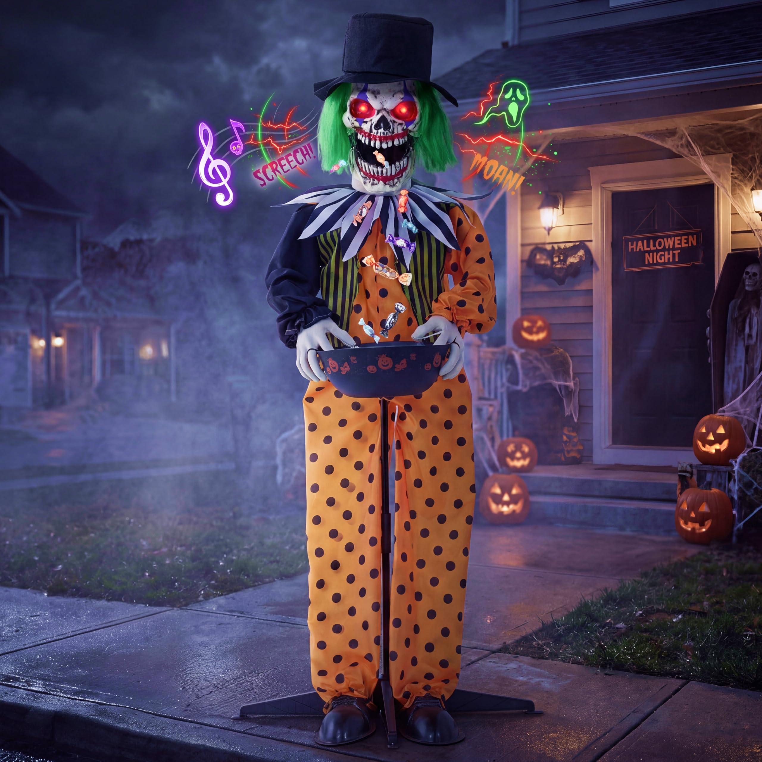 Joyin Colorful 55" Halloween Animatronic Clown Trick-Or-Treat Decor, Sound Activated Life-Size Prop With Candy Spitting Action, Animated Skeleton Clown With Bowl, Scary Haunted House Props For Garden Yard Lawn