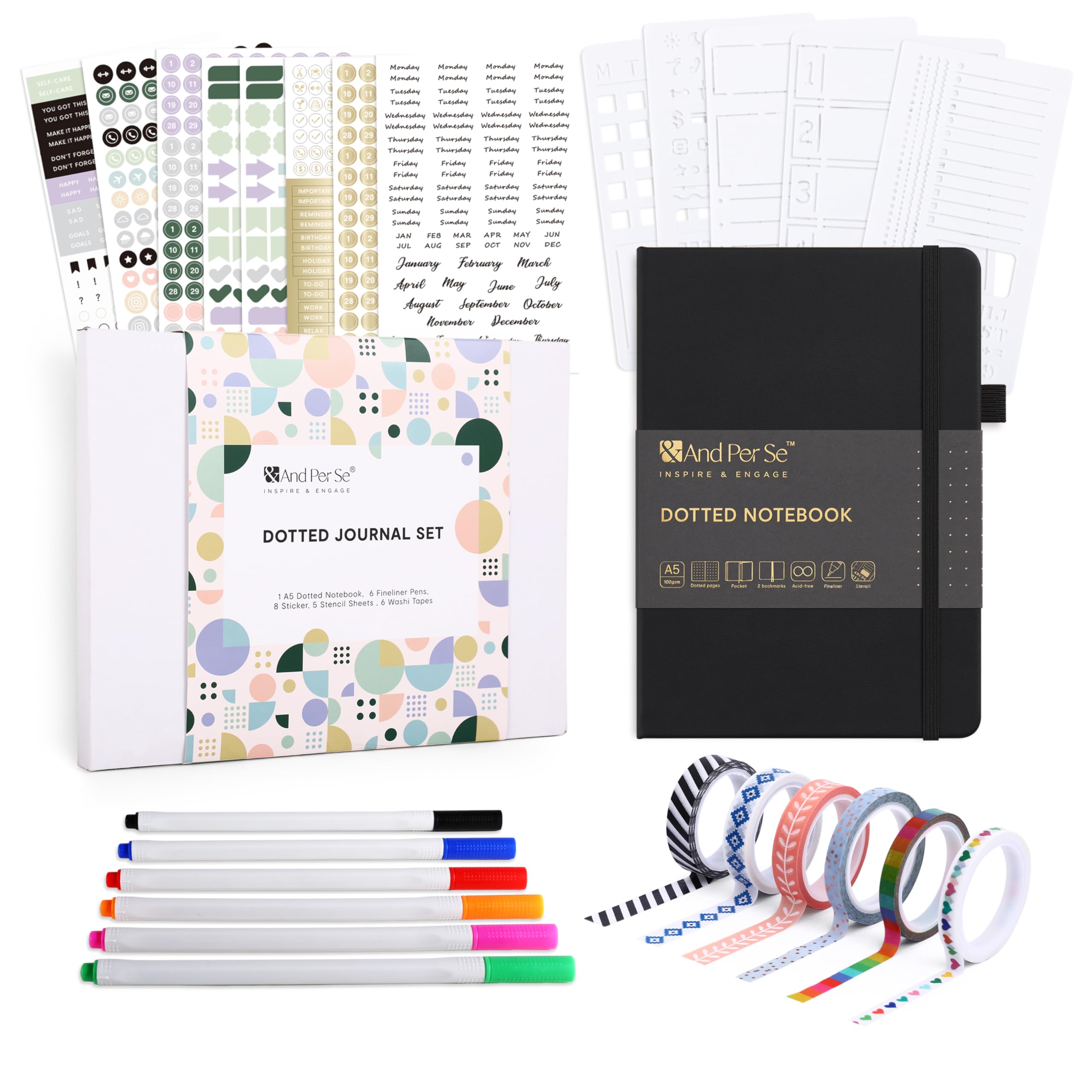 &And Per Se Dotted Journal Notebook Set, A5 Hardcover Dotted Journal (Black), 6 Fineliner Pens, 8 Sticker, 5 Stencil Sheets & 6 Washi Tapes, Journaling Supplies for Planner Schedule — image 1