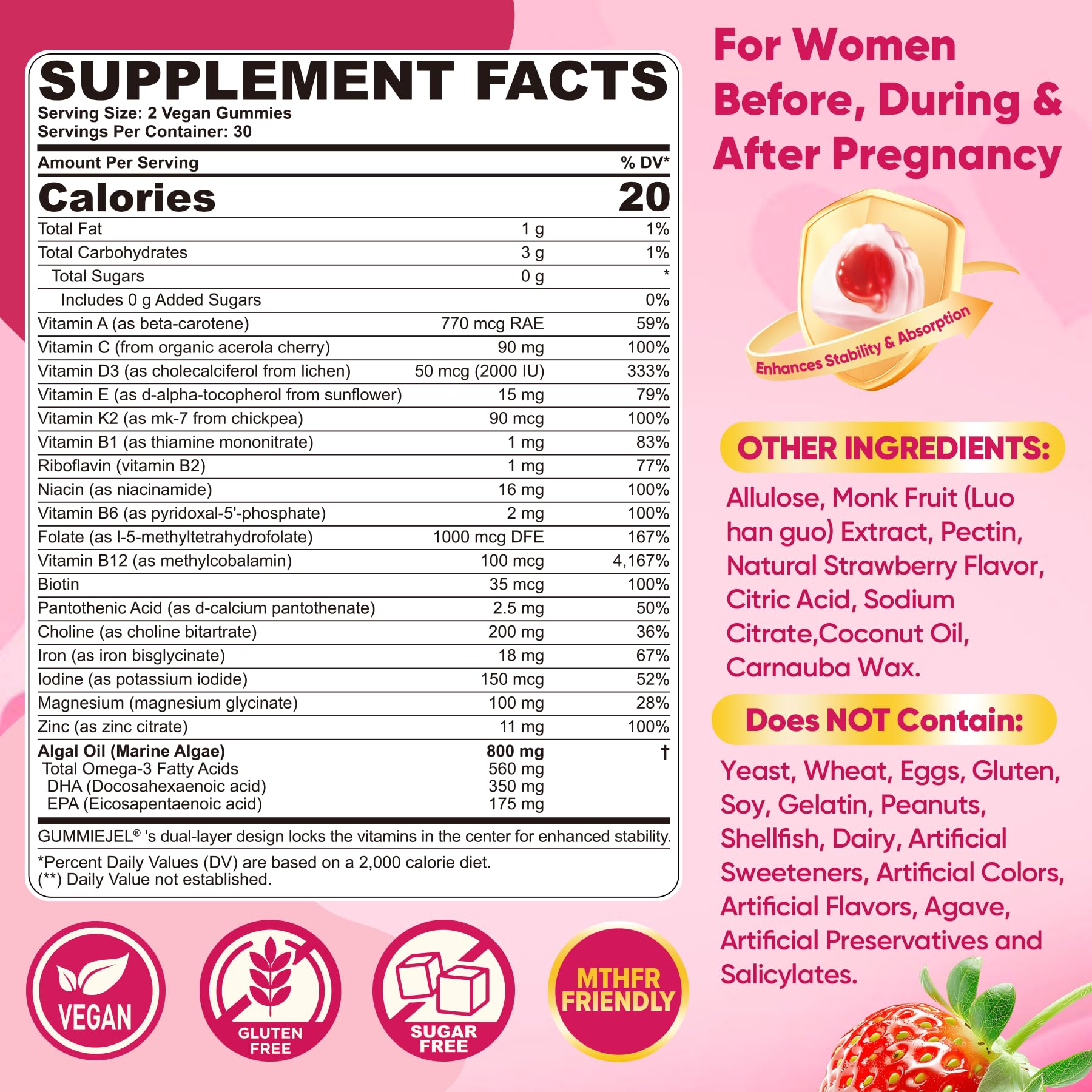 Prenatal Vitamins for Women Gummies, Methylfolate 1mg, Vegan Omega 3 DHA — Amazon image 2
