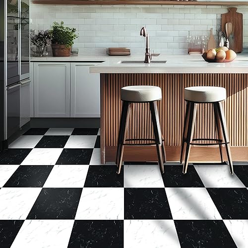 Bleucoin Adhesivos de azulejos de suelo de mármol blanco y negro sólido antideslizante para despegar y pegar para baño, cocina, suelo de lavandería,