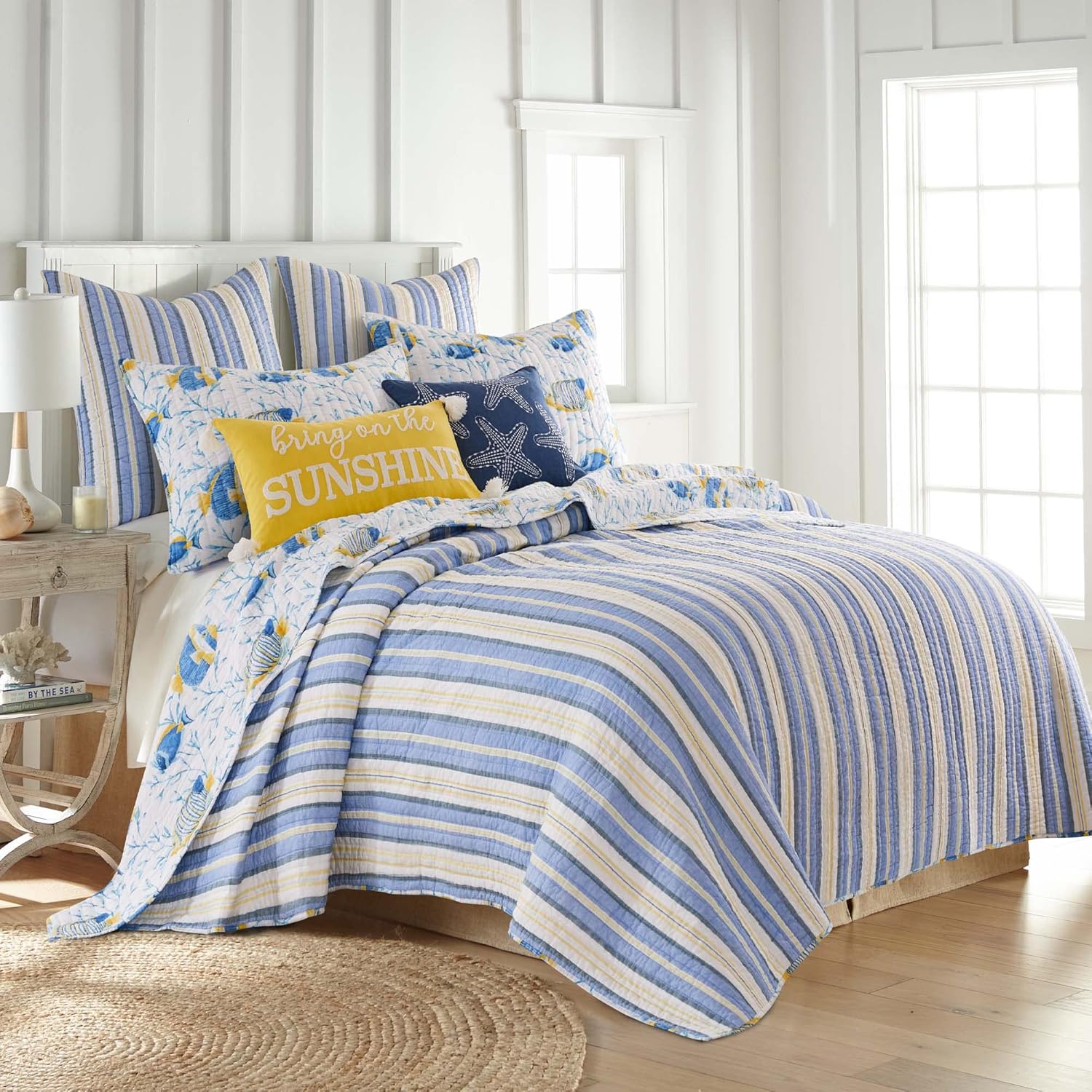 Levtex Home - Tropical Sea Quilt Set - Full/Queen Quilt and Two Standard Shams - Tropical Fish in Blue and Yellow - Quilt (88x92in.) and Shams (20x26in.) - Reversible - Cotton/Cotton