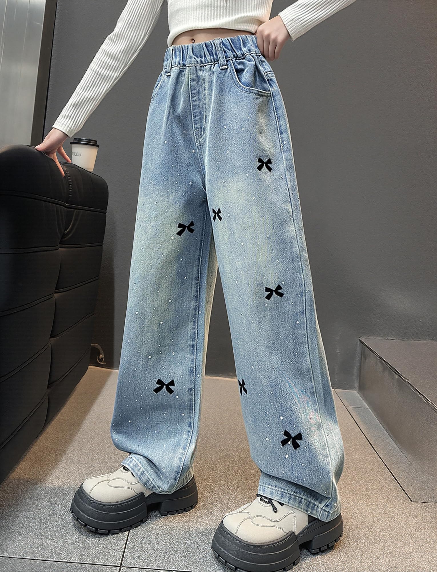 Jeans con Gamba Dritta Ragazza Pantaloni in Denim Elastico in Vita Pantaloni in Cotone Confortevoli Jeans Ricamati Traspirante 5-13 Anni