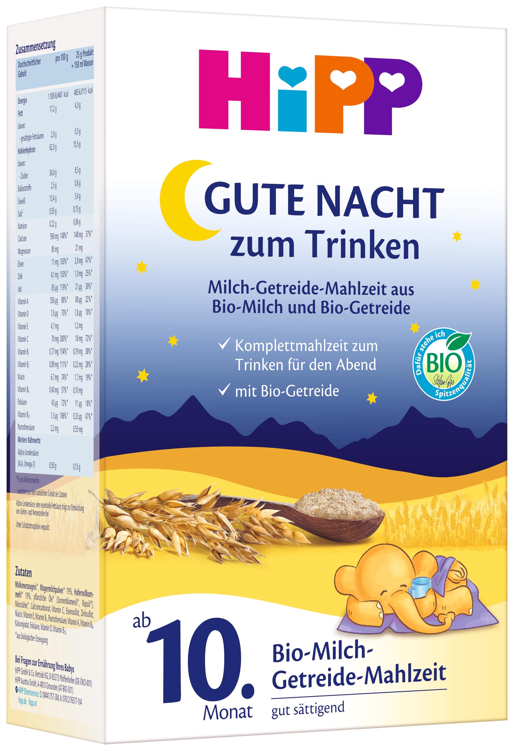 Gute-Nacht Milch-Getreide-Mahlzeit zum Trinken (4 x 525 g), ab 10. Monat, mit wertvollen Vitaminen und Mineralstoffen, gut sättigend, in bester Bio-Qualität
