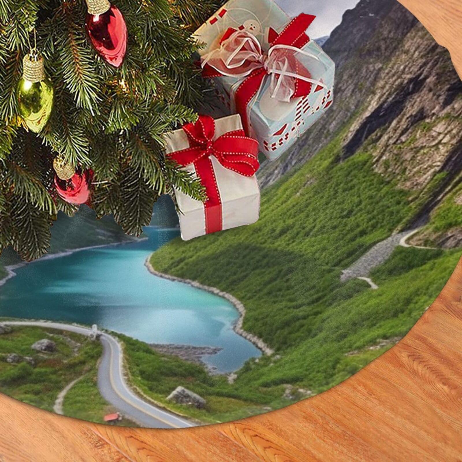 Fodpand Black Norwegian Fjords Christmas Tree Skirt 30" Velvet Xmas Tree Skirt Mat Rustic Christmas Tree Mat Cover Winter Xmas Tree Collar For Indoor Outdoor Christmas Decorations